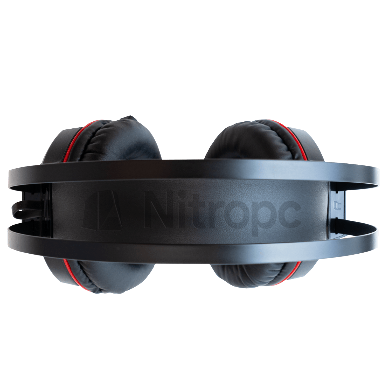 Auriculares negros con detalles rojos, marca Nitropc. Diadema y auriculares visibles, fondo blanco.