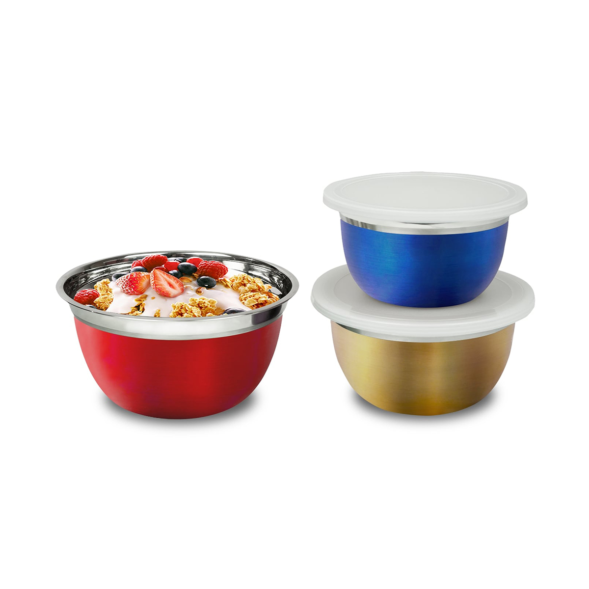 Tres cuencos, uno rojo con comida, dos con tapas. Uno azul y otro dorado.