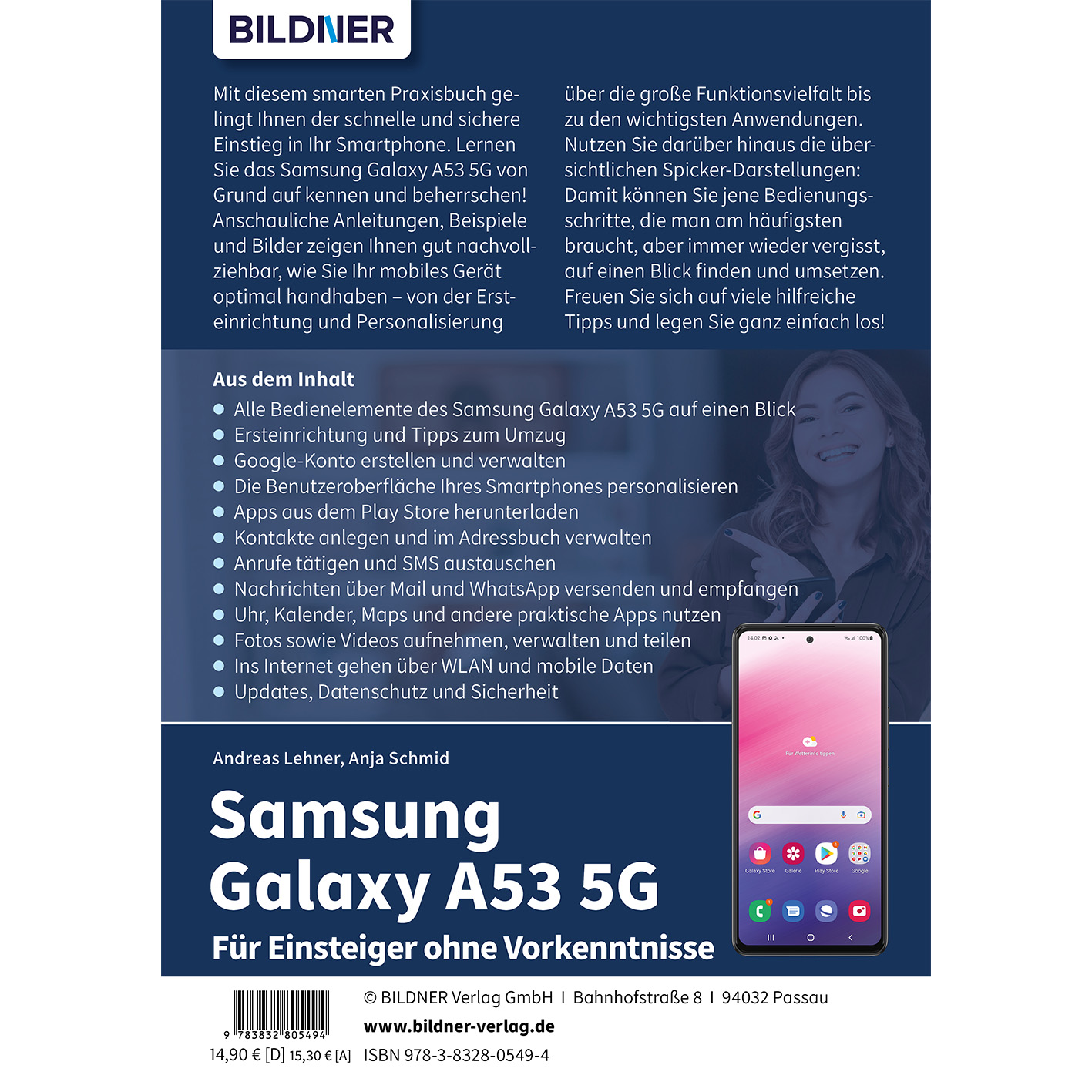 Ein Buchcover mit Text über ein Samsung Galaxy A53 5G-Telefon. Das Telefon ist im Hintergrund.