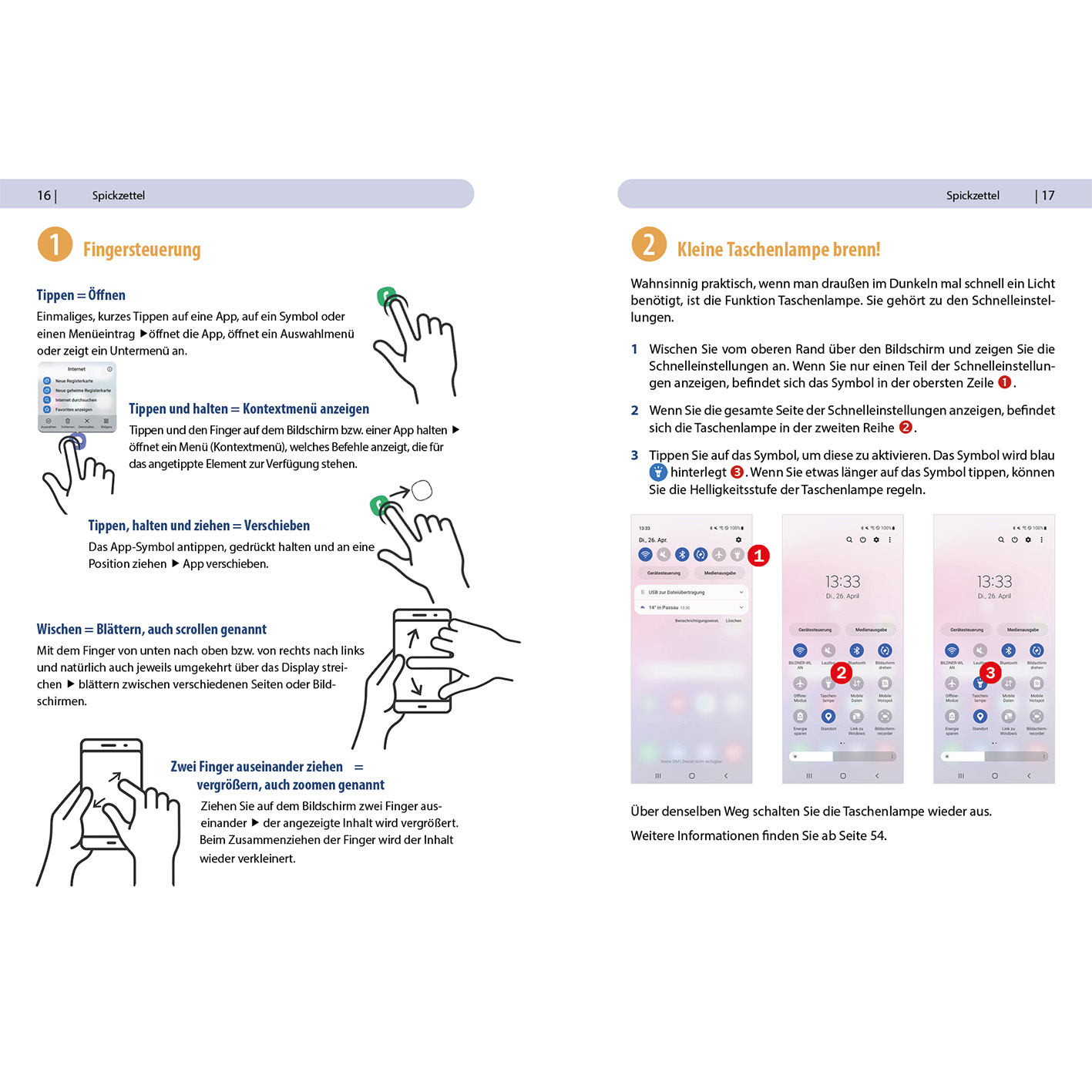 Seiten aus einem deutschen Handbuch, die Smartphone-Touchscreen-Steuerung mit Diagrammen veranschaulichen.