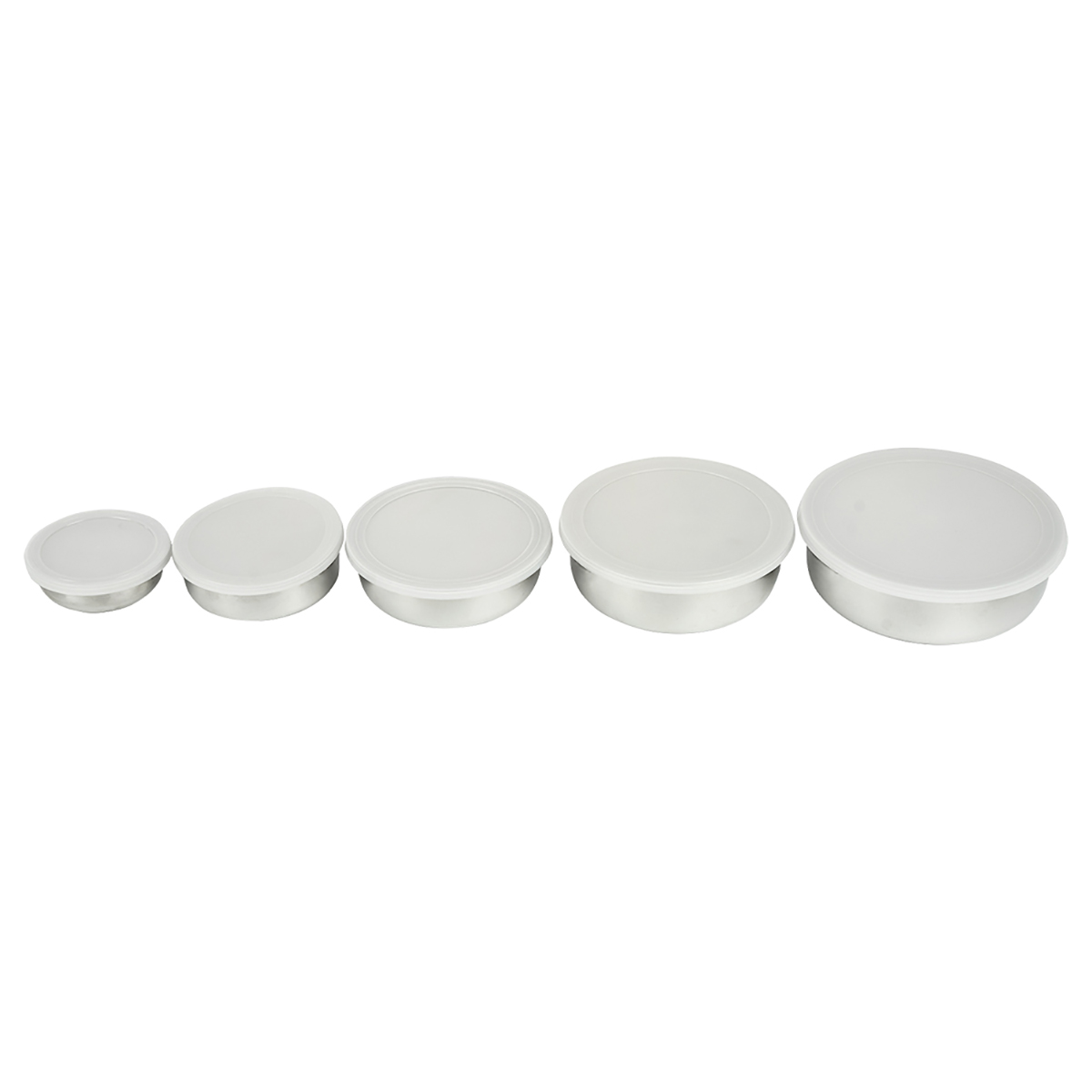 Cinco cuencos de acero inoxidable con tapas blancas. Disminuyen de tamaño de izquierda a derecha. Fondo blanco.