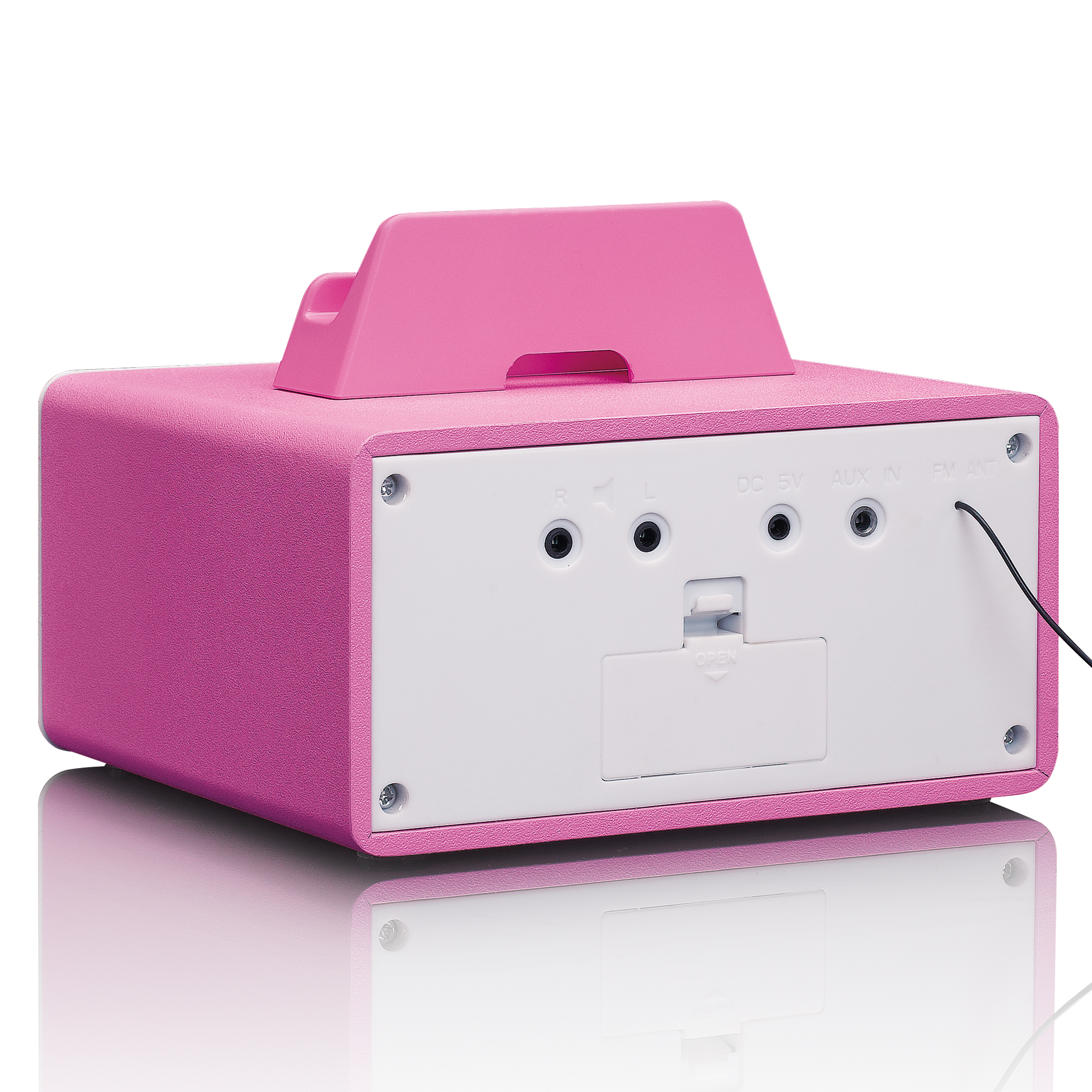 Rosa Radio mit Dockingstation. Weiße Rückseite mit Anschlüssen und Knöpfen.