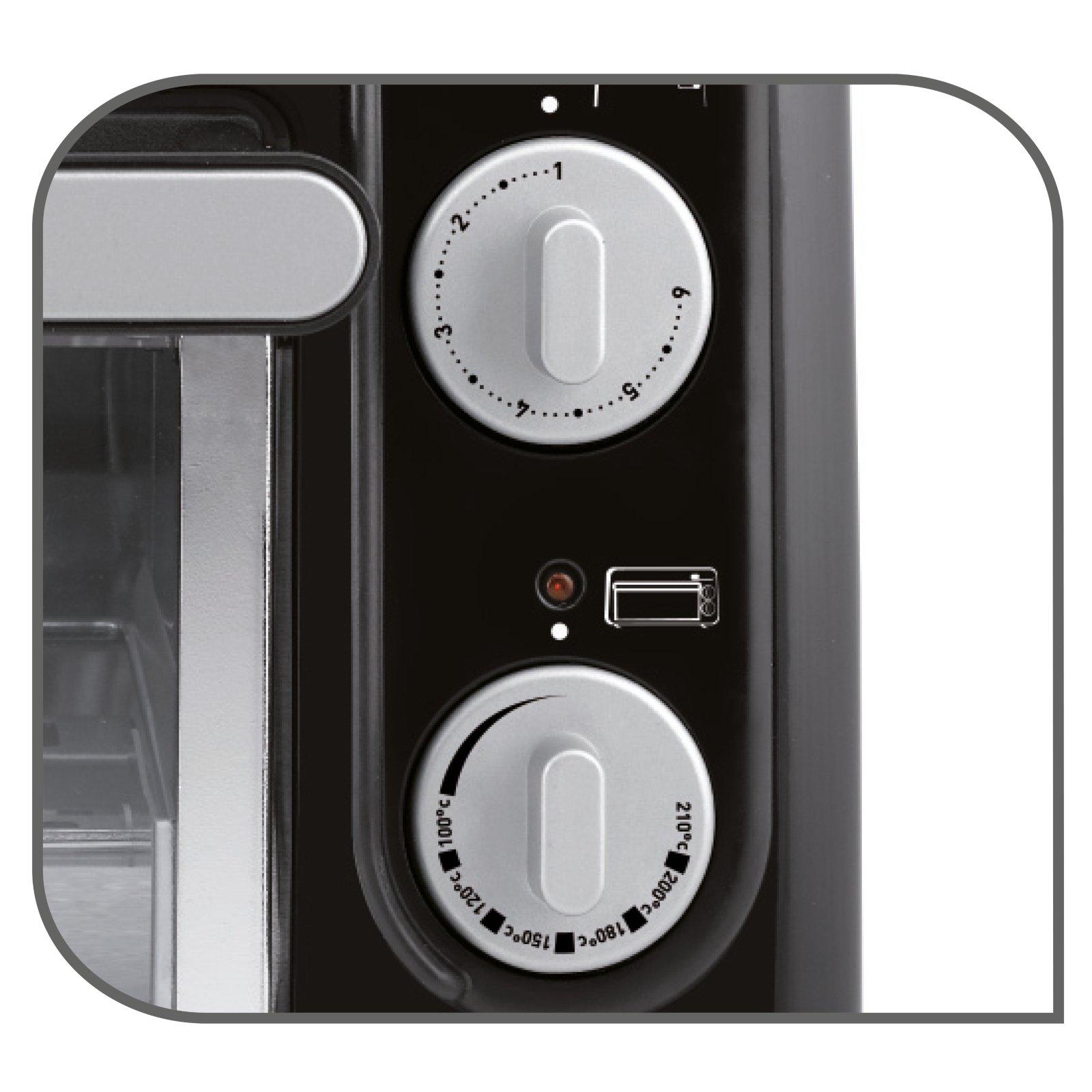 Bedienelemente des schwarzen Toaster-Ofens. Knöpfe für Temperatur und Timer sind sichtbar mit rotem Licht.