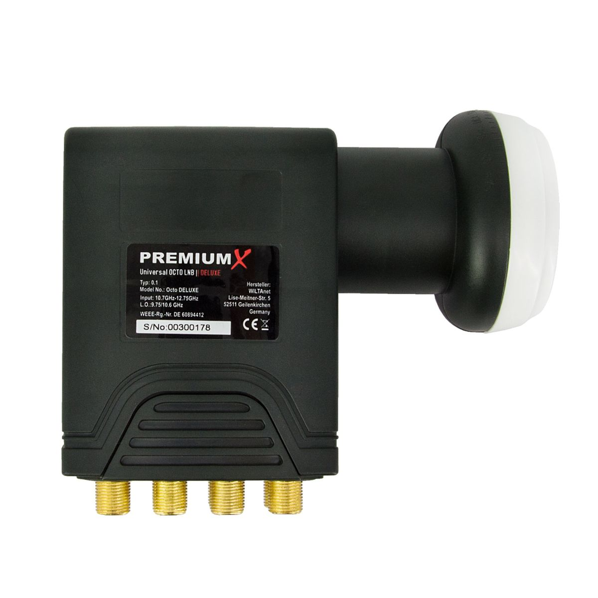 Ein schwarzer LNB-Empfänger mit goldenen Anschlüssen. Es trägt den Markennamen 'PREMIUMX' und weitere technische Details.