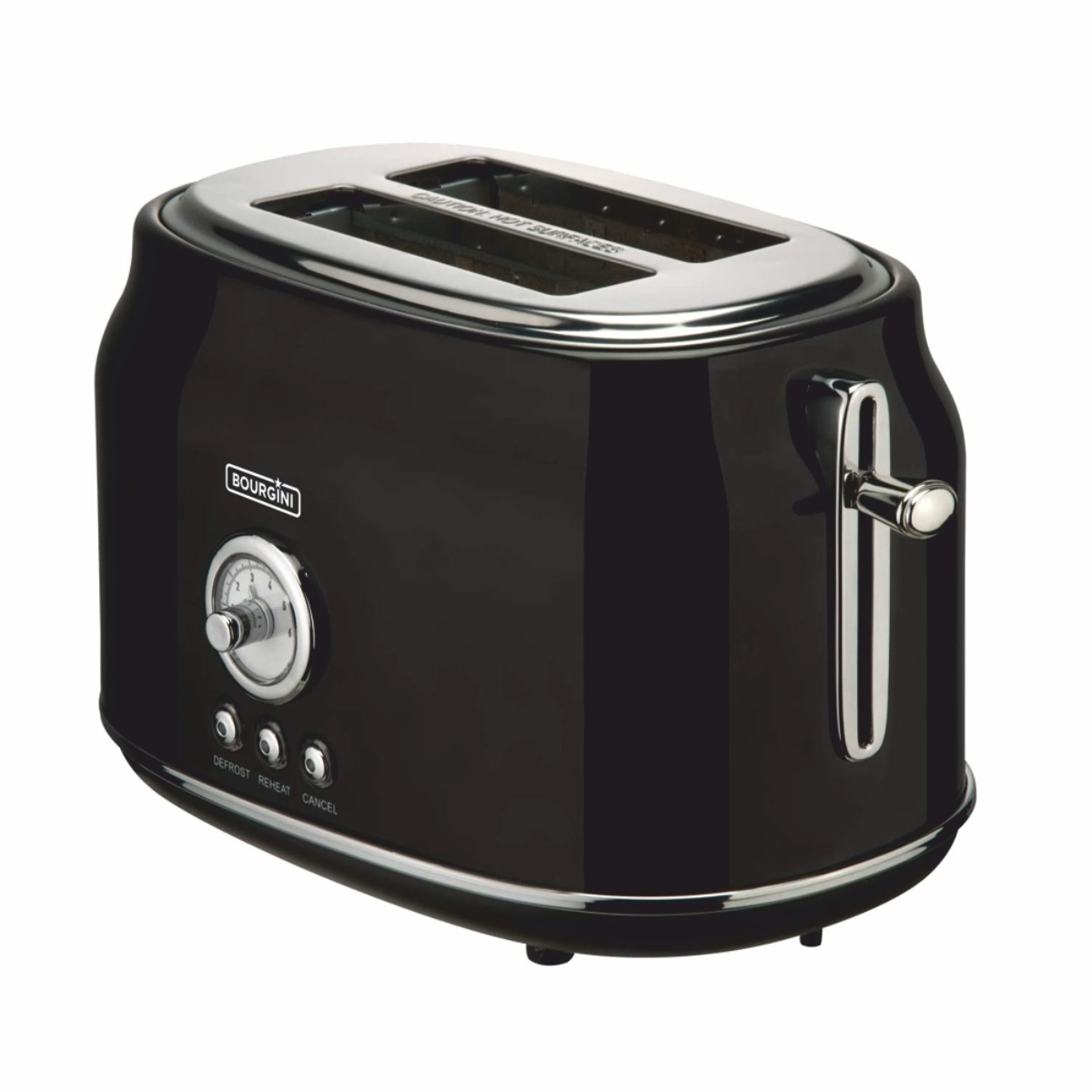 Ein schwarzer Toaster mit zwei Schlitzen und einer Chromoberseite.