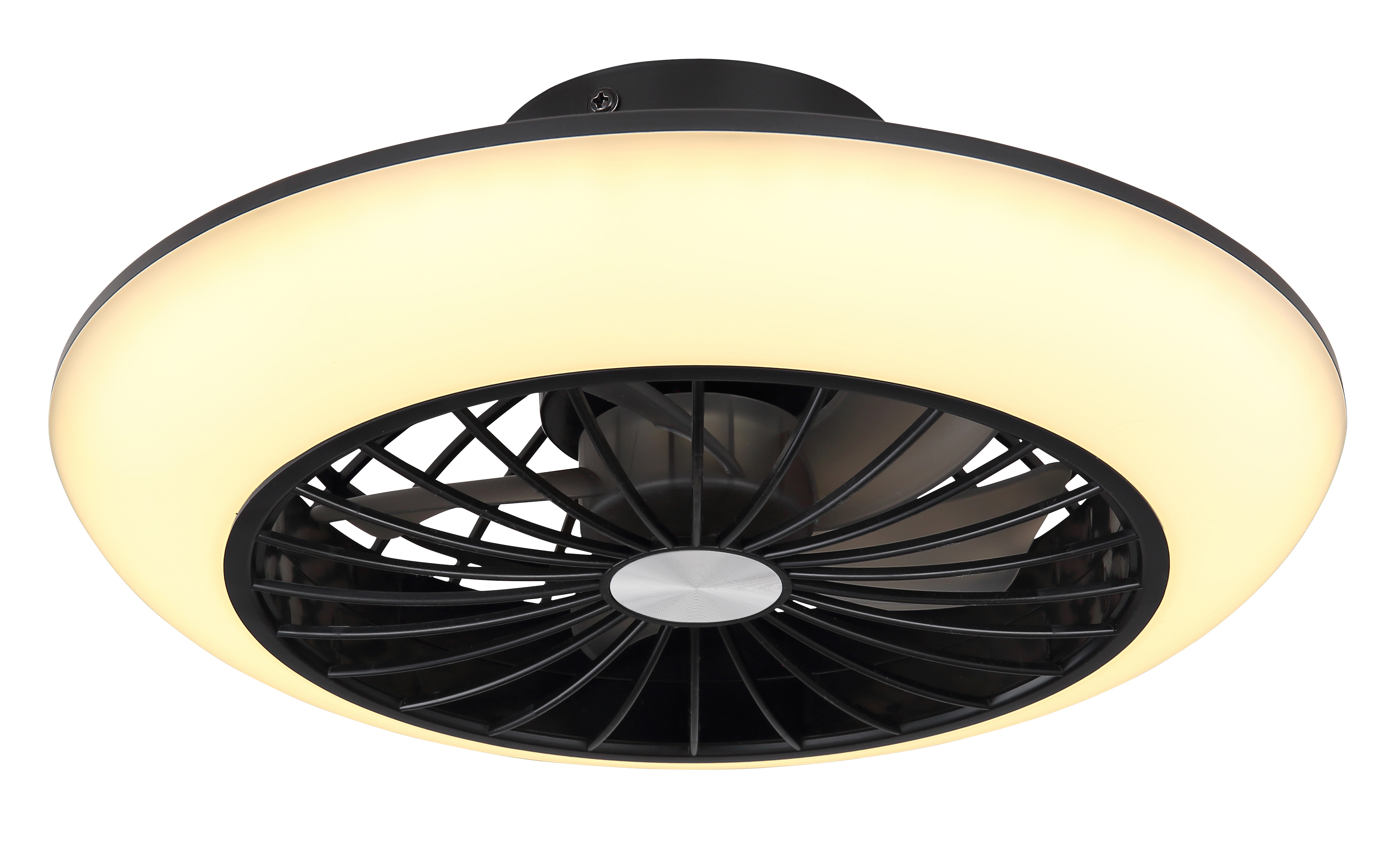 Deckenventilator mit Licht. Schwarzer Ventilator mit Licht. Weißer Hintergrund.