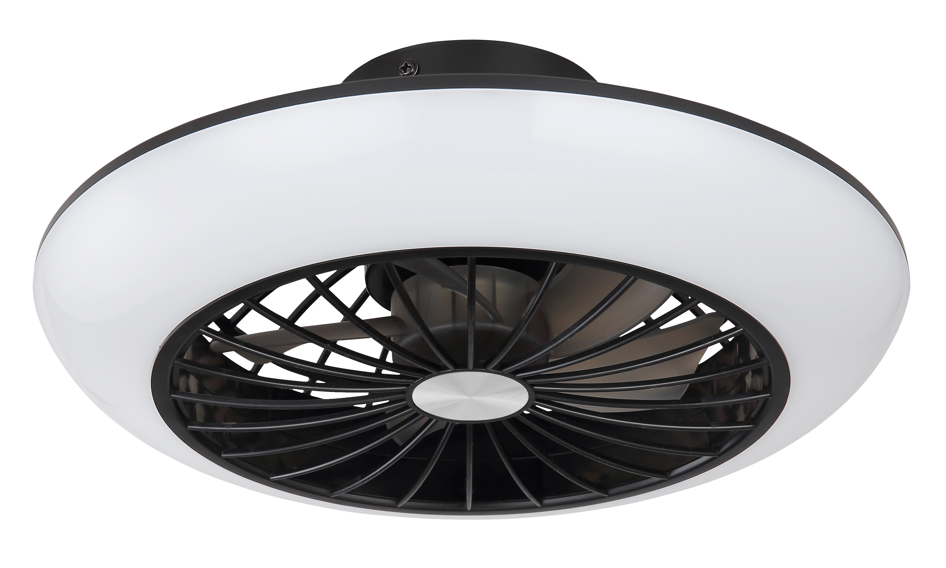 Deckenventilator mit schwarzer Mitte, schwarzem Gitter und weißem Außenring mit Lichtern.