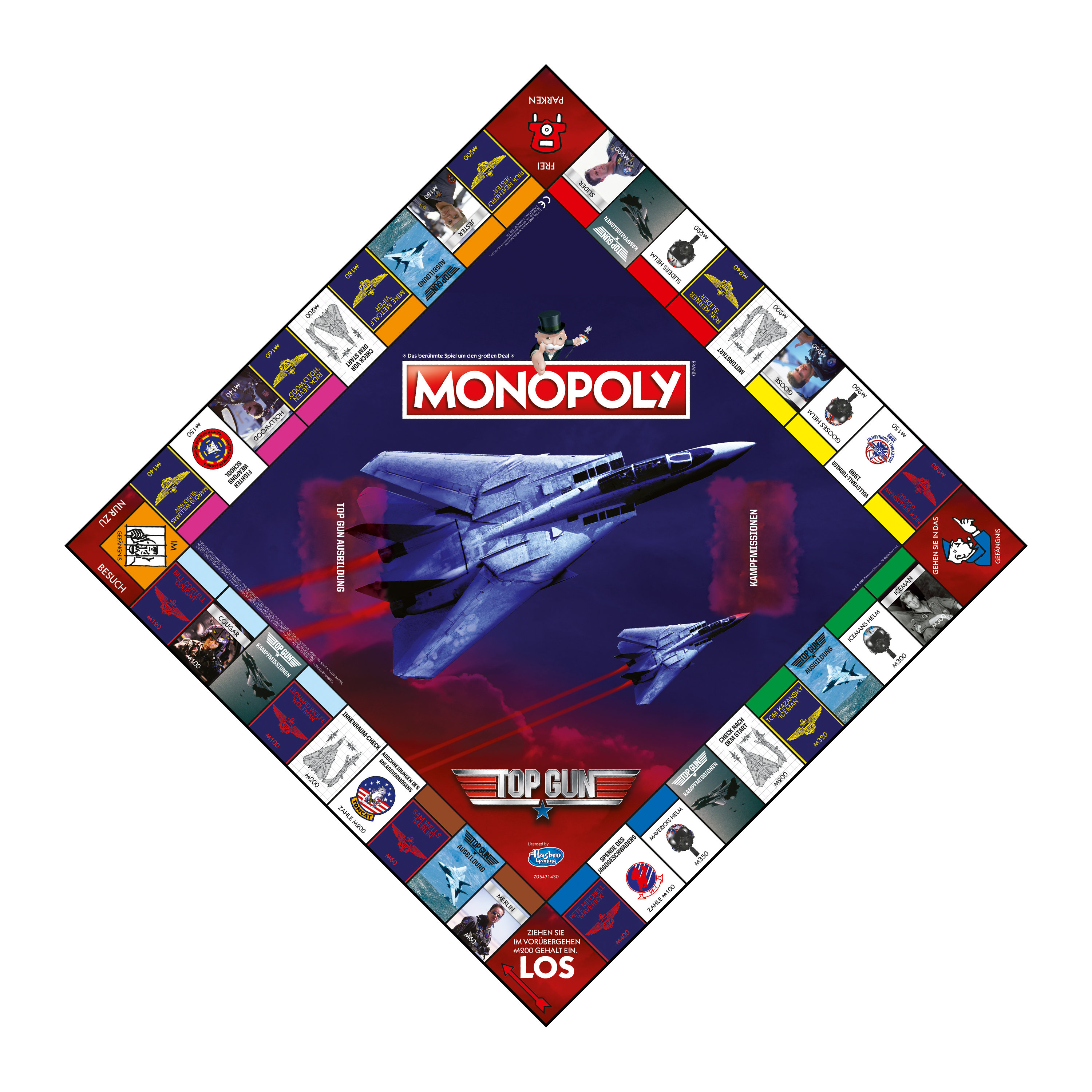 Ein rautenförmiges Monopoly-Spielbrett mit Top Gun-Thema, mit Kampfflugzeugen im Zentrum.