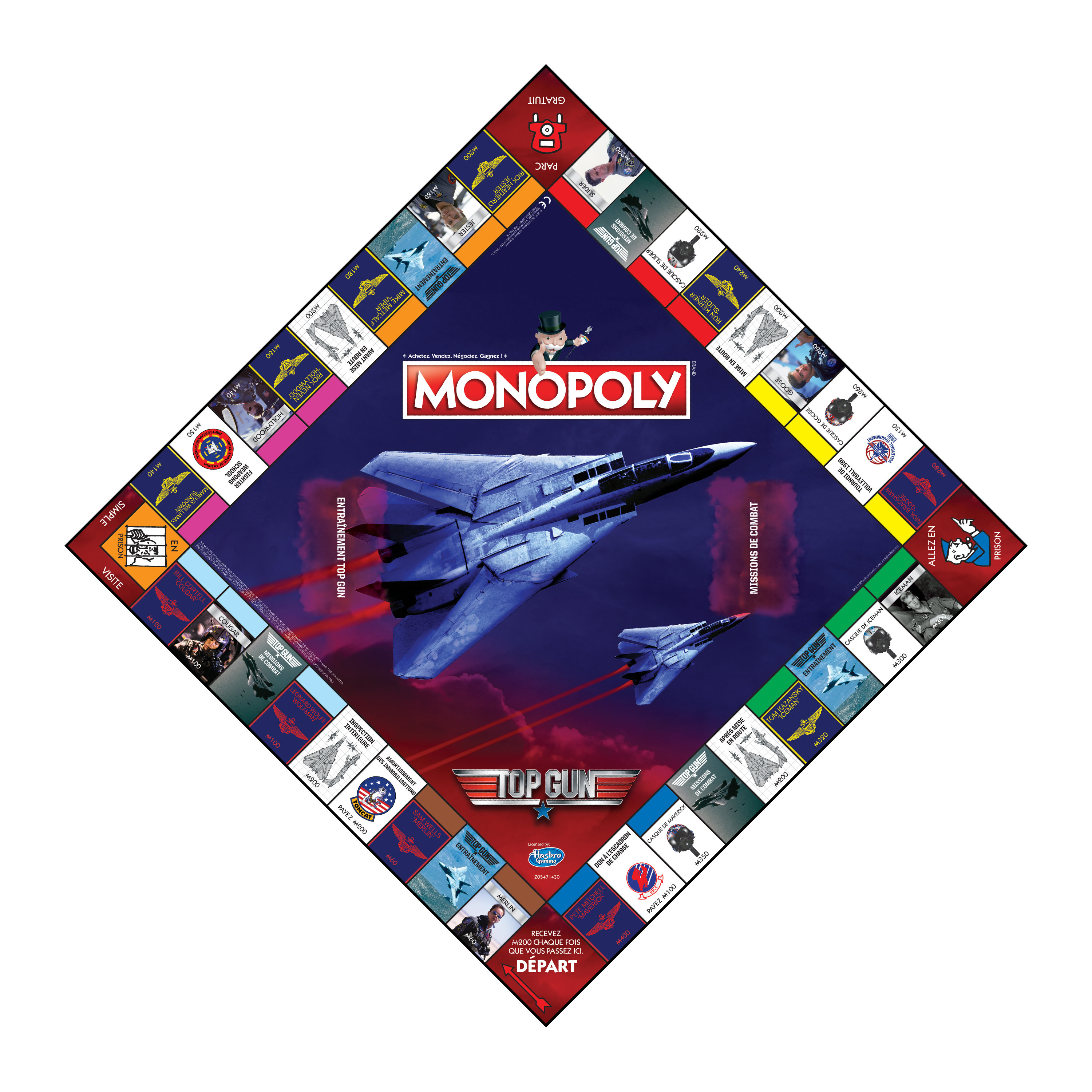 Ein Monopoly-Brettspiel, Top Gun Edition, mit einer Kampfflugzeug-Illustration.