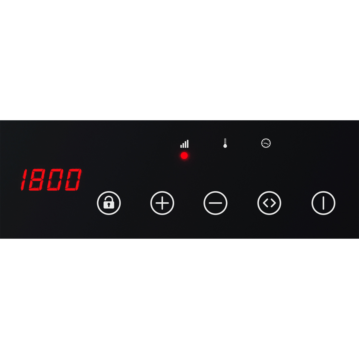 Un pannello di controllo nero per un elettrodomestico da cucina, con numeri e simboli digitali rossi.