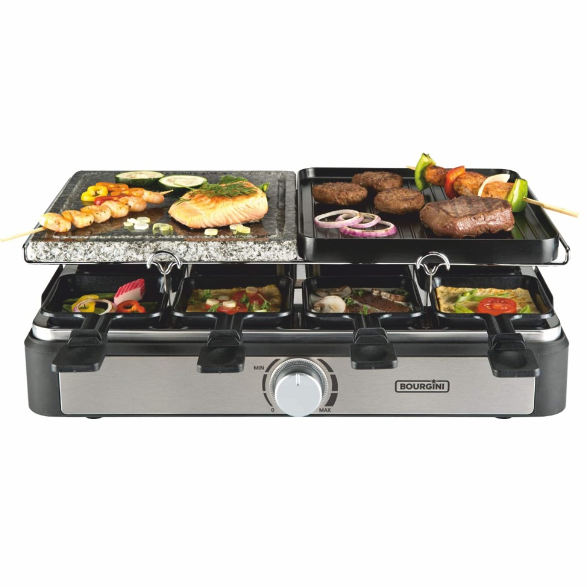 Parrilla raclette con comida arriba y en las sartenes de abajo. Se ven verduras, carne y queso.