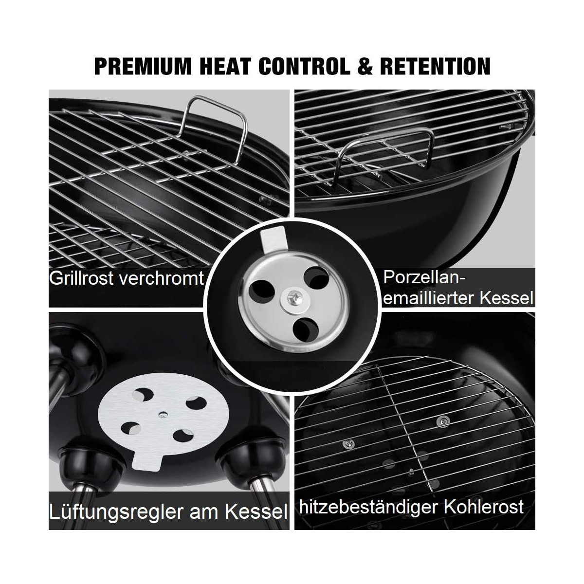 Nahaufnahme eines Grills mit Teilen wie Grillrost, Kohlerost und Lüftungsreglern.