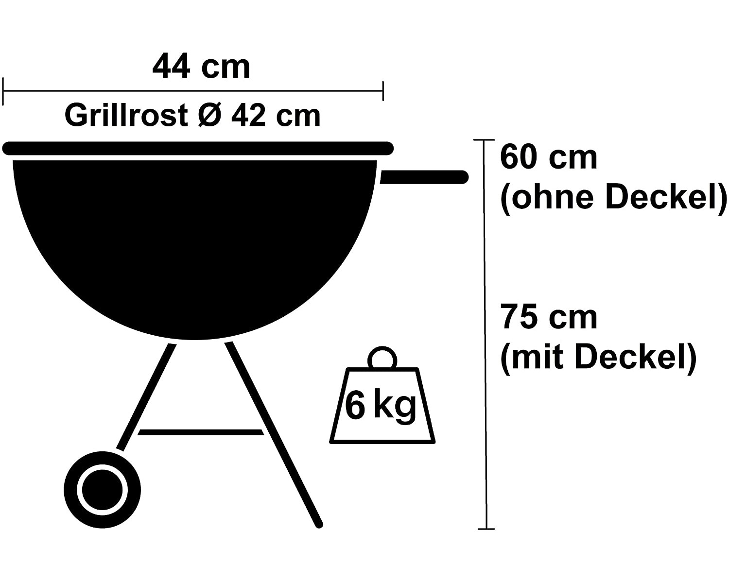 Schwarze Silhouette eines Barbecue-Grills mit Maßen. Weißer Hintergrund.