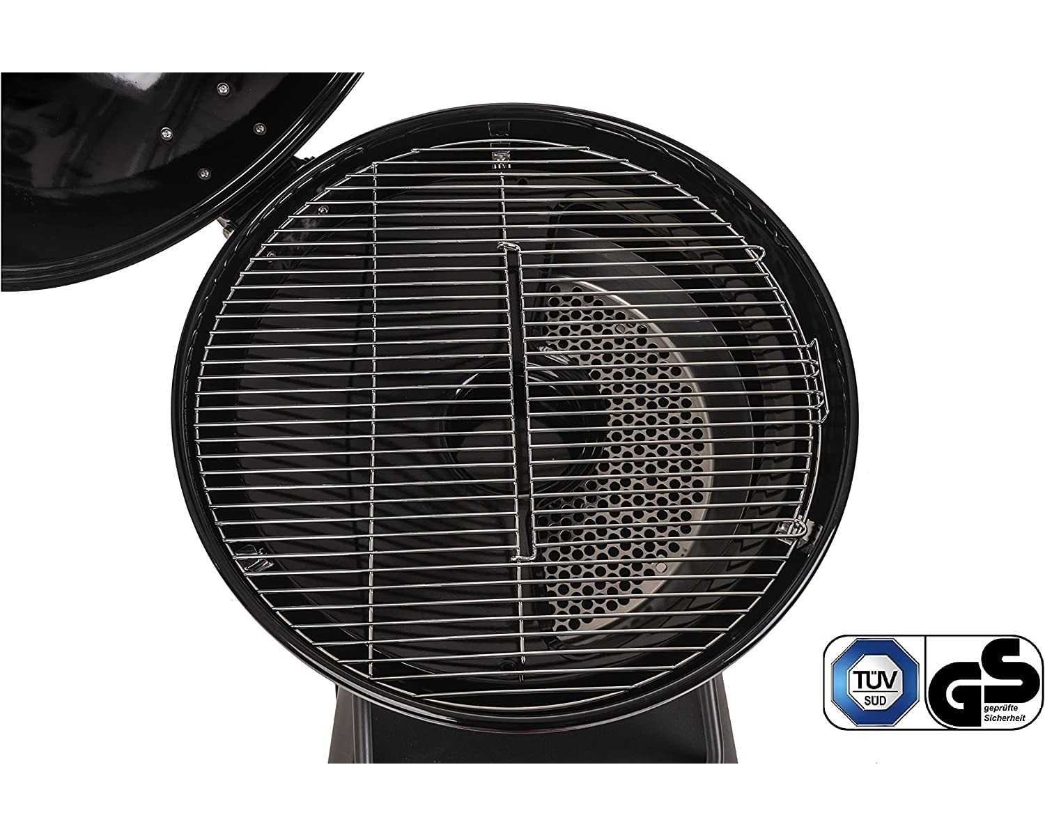 Draufsicht auf einen schwarzen, runden Grill mit einem Metallrost. Enthält ein TUV SUD und GS Logo.