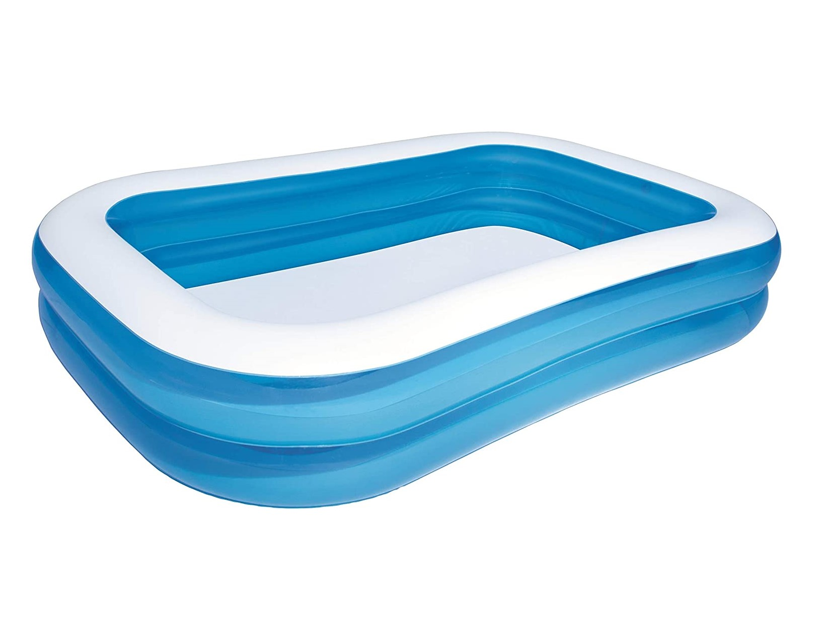 Blau-weißer, aufblasbarer rechteckiger Swimmingpool auf weißem Hintergrund.