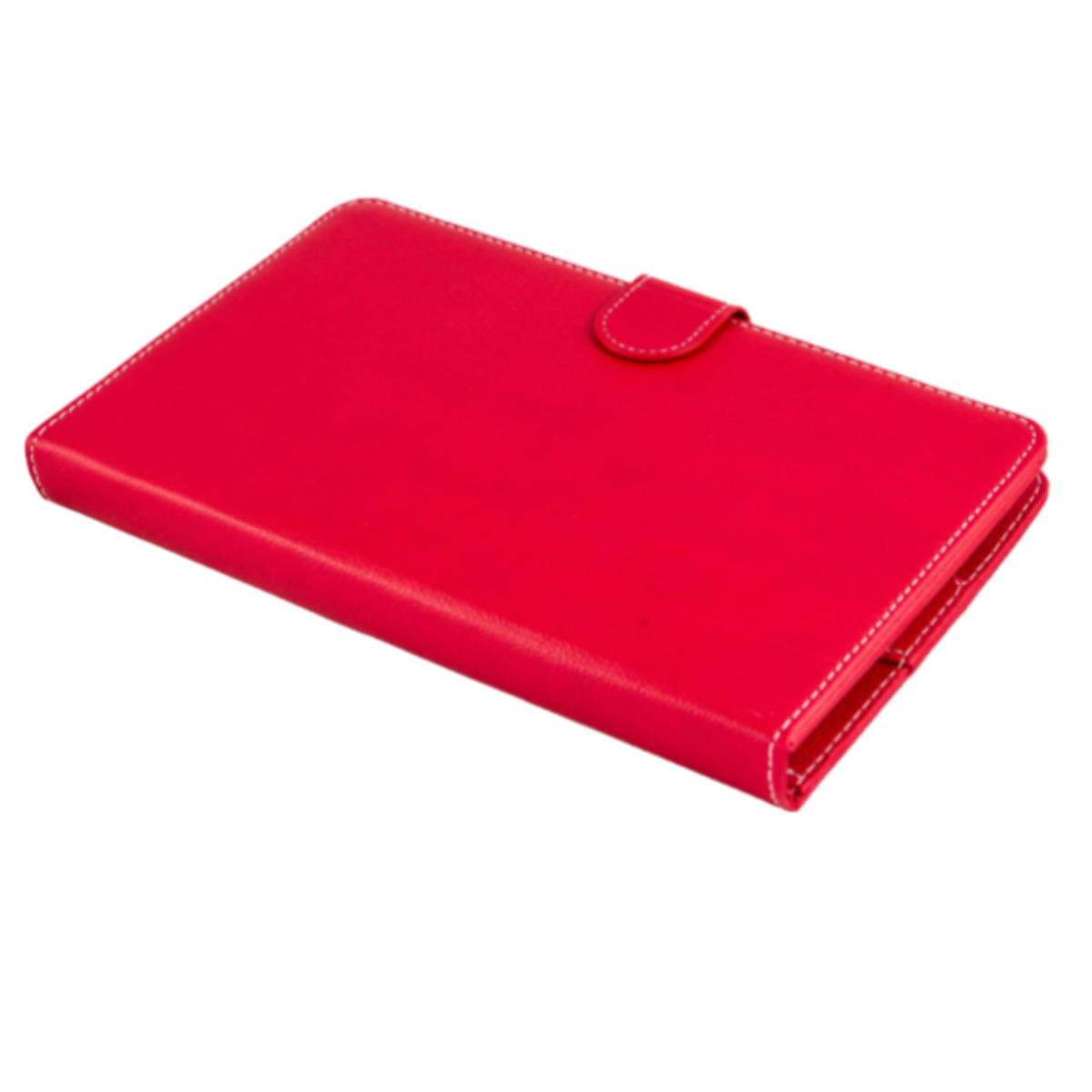 Funda roja para tableta con costura blanca y un botón.