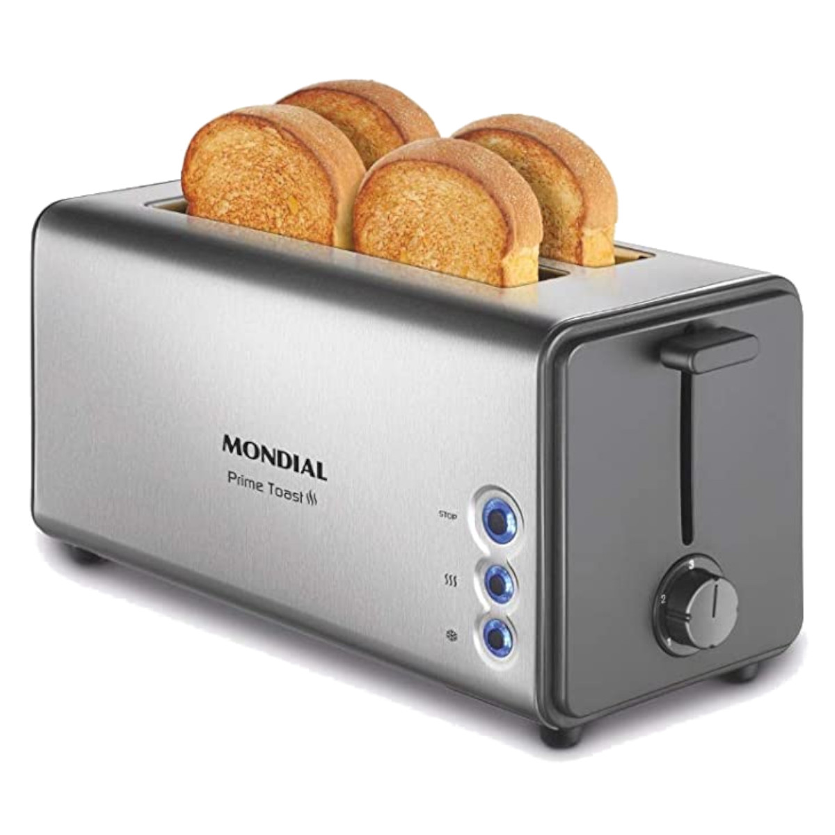 Srebrny toster z czterema kromkami tostów, marka Mondial.