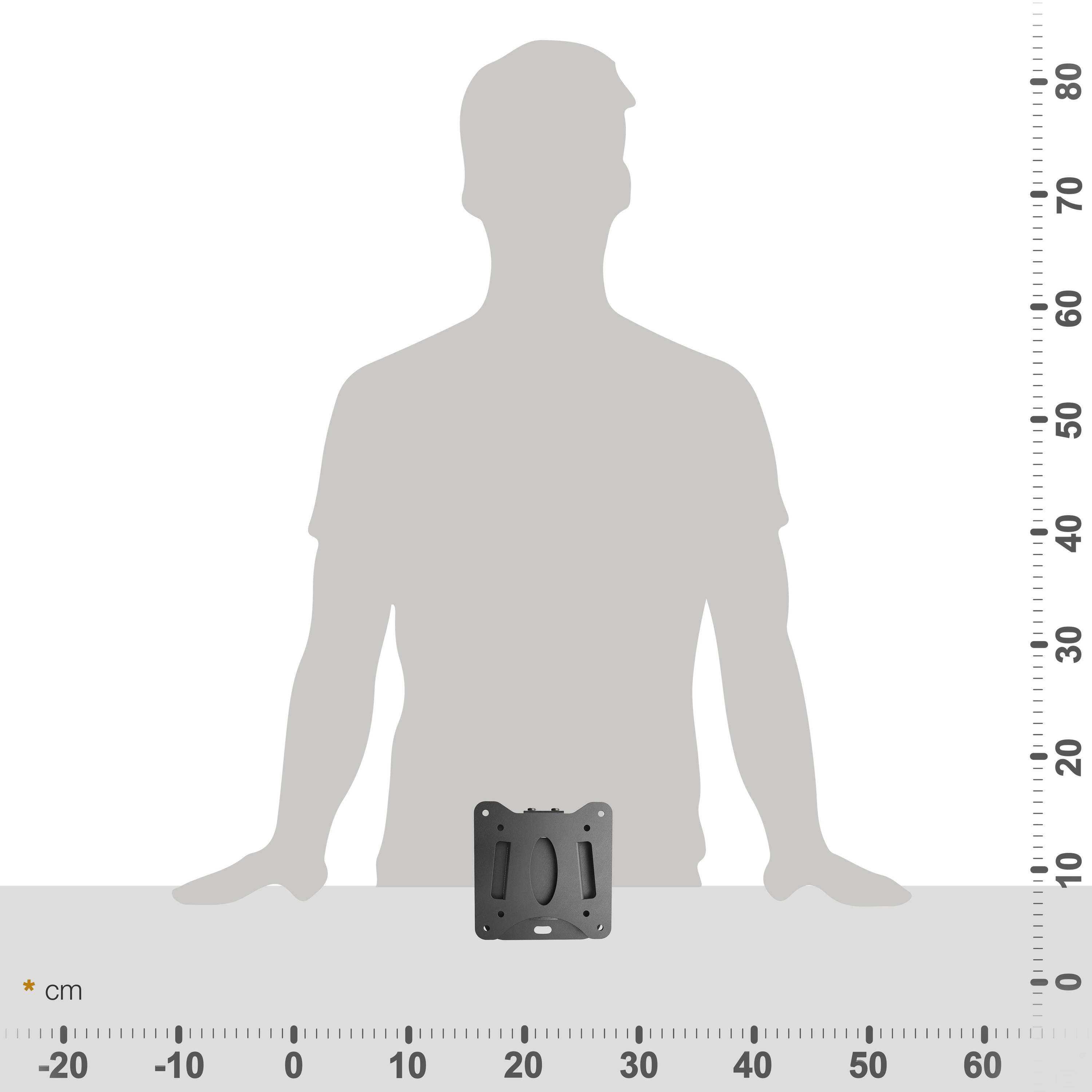 Die Silhouette einer Person befindet sich hinter einer TV-Halterung. Weißer Hintergrund mit cm-Markierungen.