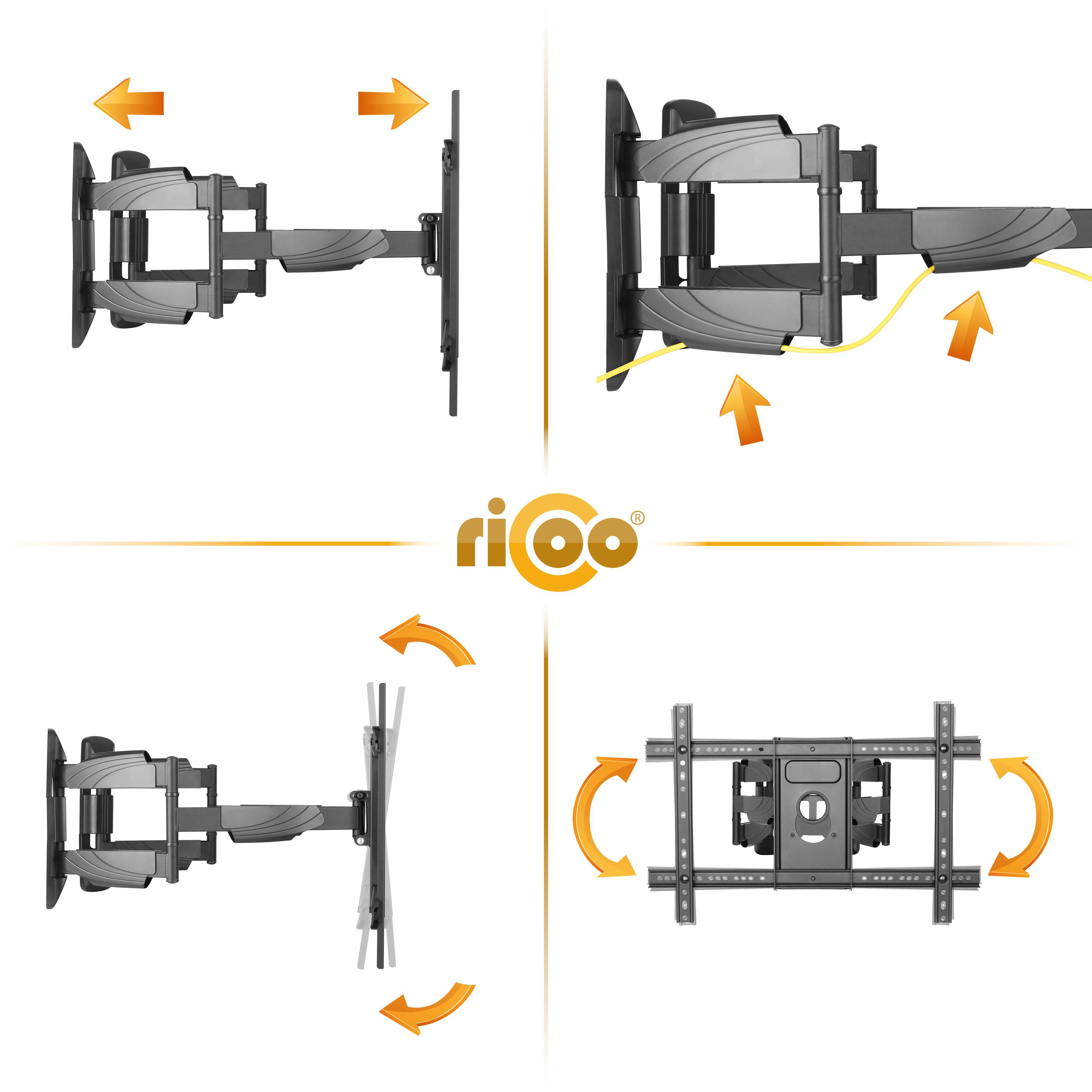 Mehrere Ansichten einer schwarzen TV-Wandhalterung. Sie hat verstellbare Arme und das Logo der Marke 'rico' in der Mitte.