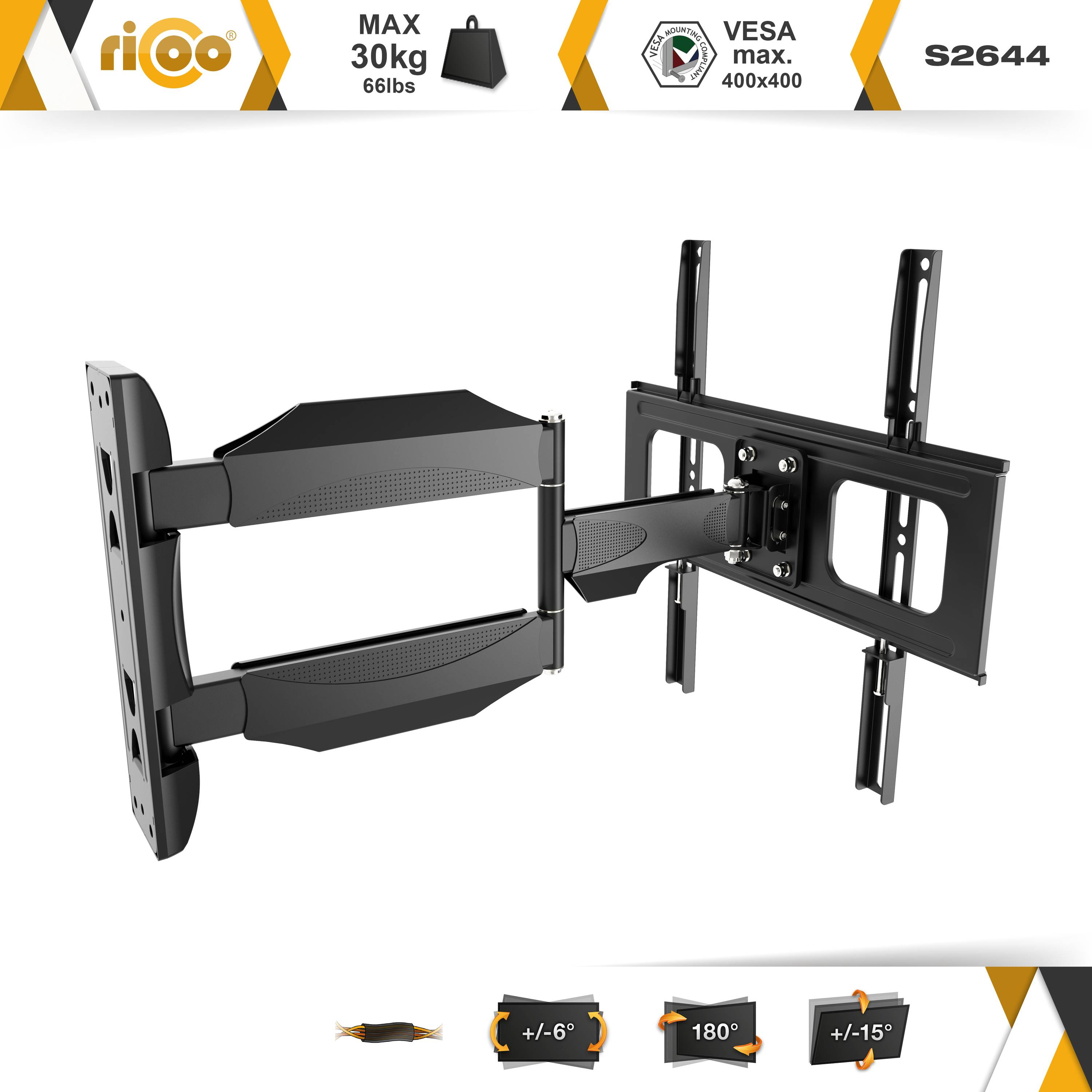 RICOO S2644 Wandhalterung, 400 400 schwenkbar ausziehbar curved universal neigbar Schwarz bis Fernseher TV x Halterung auch VESA