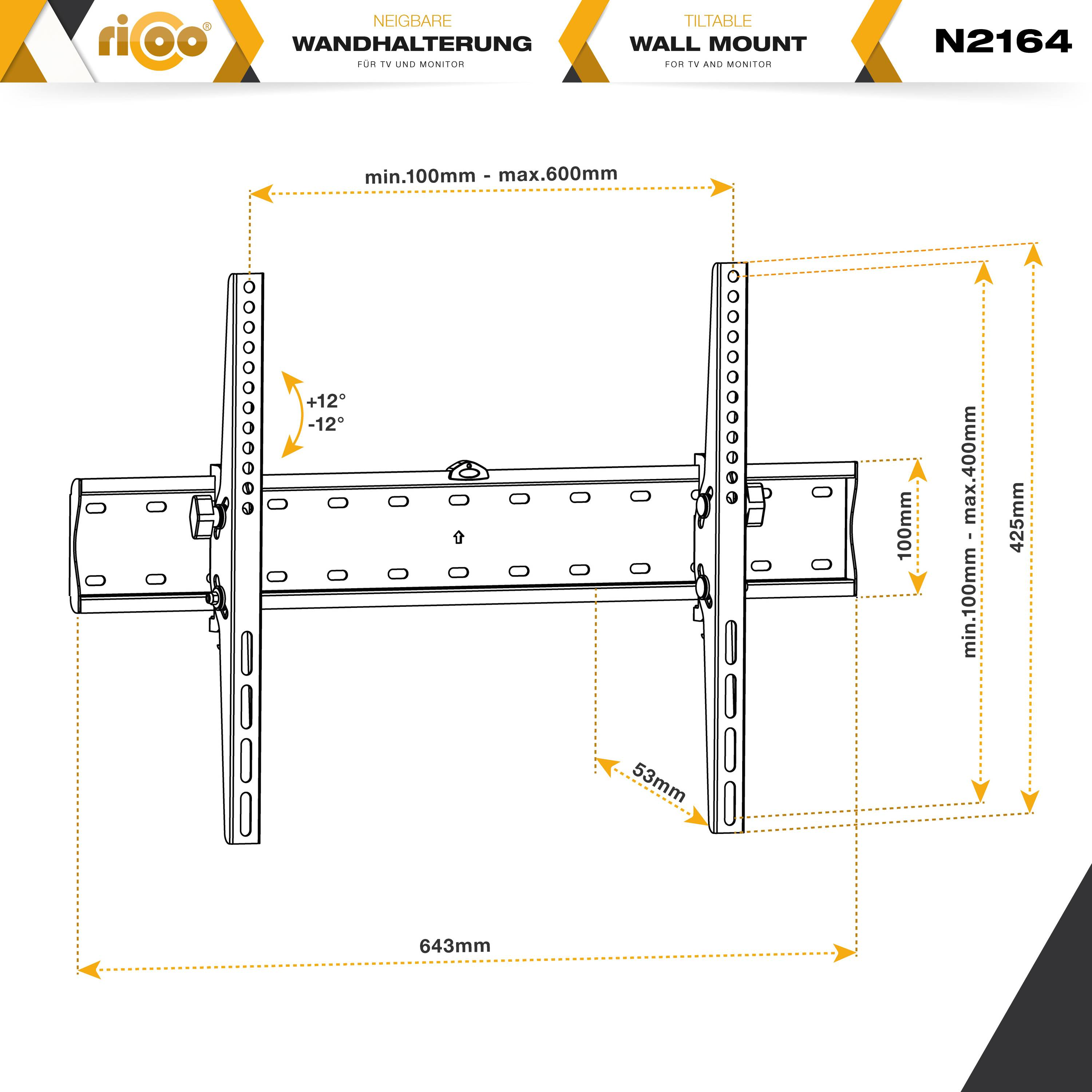RICOO N2164 flach Wandhalterung, neigbar curved 600 TV bis x auch 400 VESA Wand Schwarz Fernseher Halterung universal für