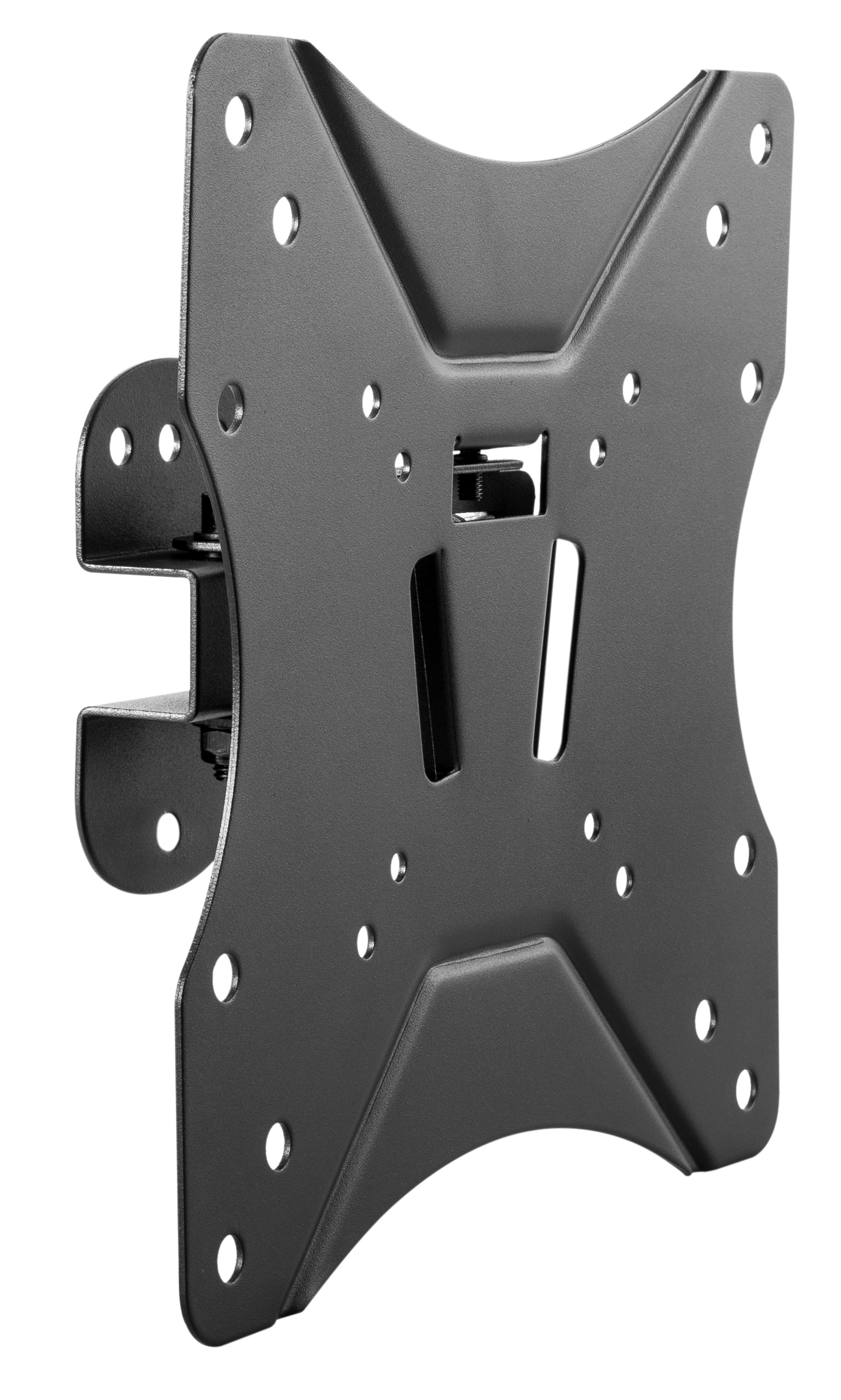 Soporte de TV de metal negro con múltiples orificios.