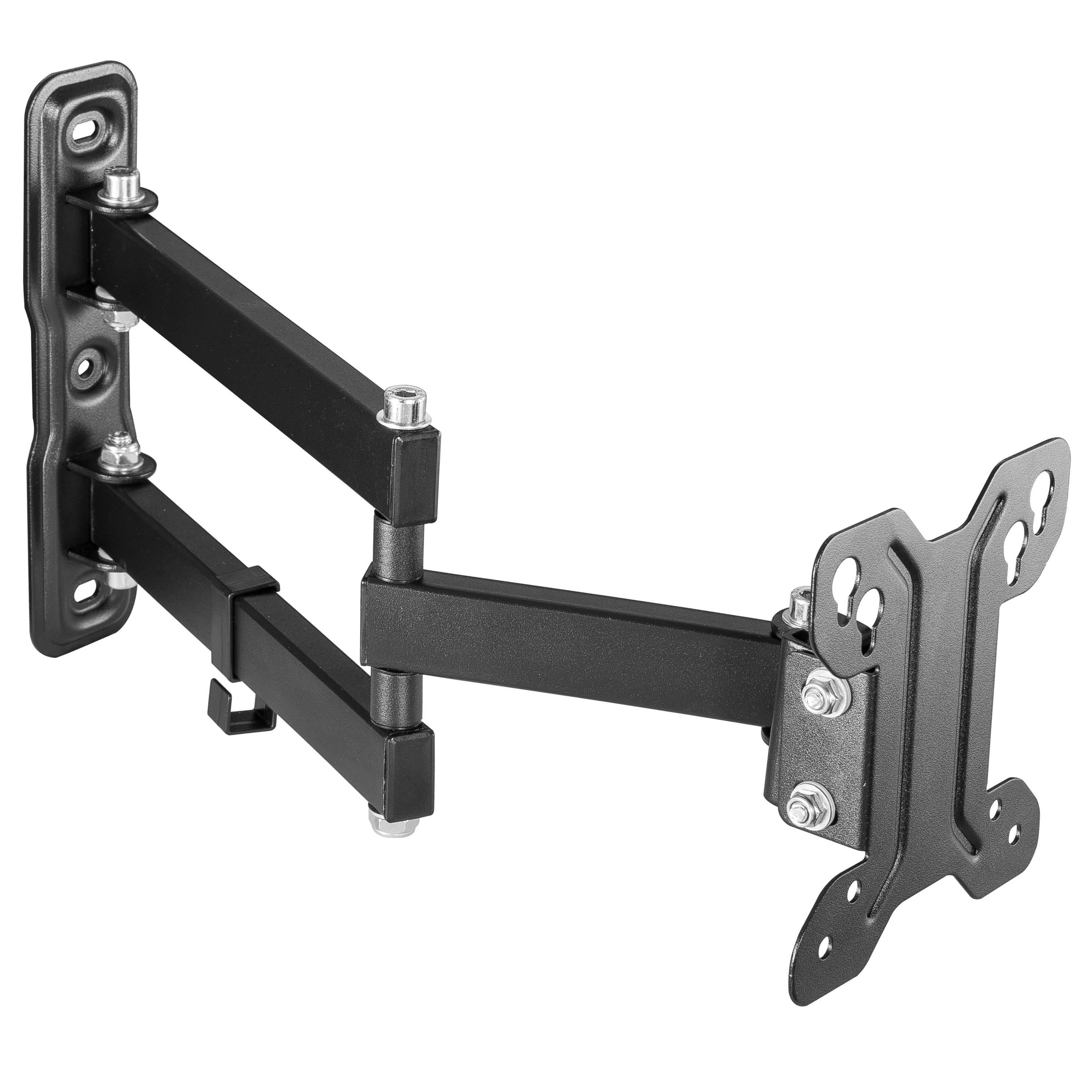 Schwarze TV-Wandhalterung, mehrfach gelenkig, mit mehreren Schrauben und Montageplatten.