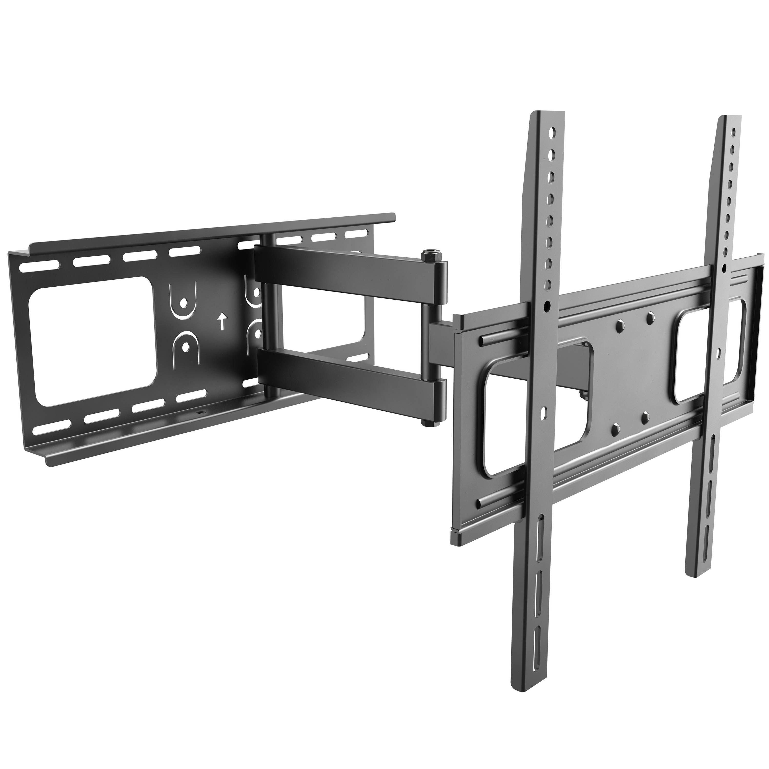 Schwarze TV-Wandhalterung auf weißem Hintergrund, mit Doppelarm-Design.