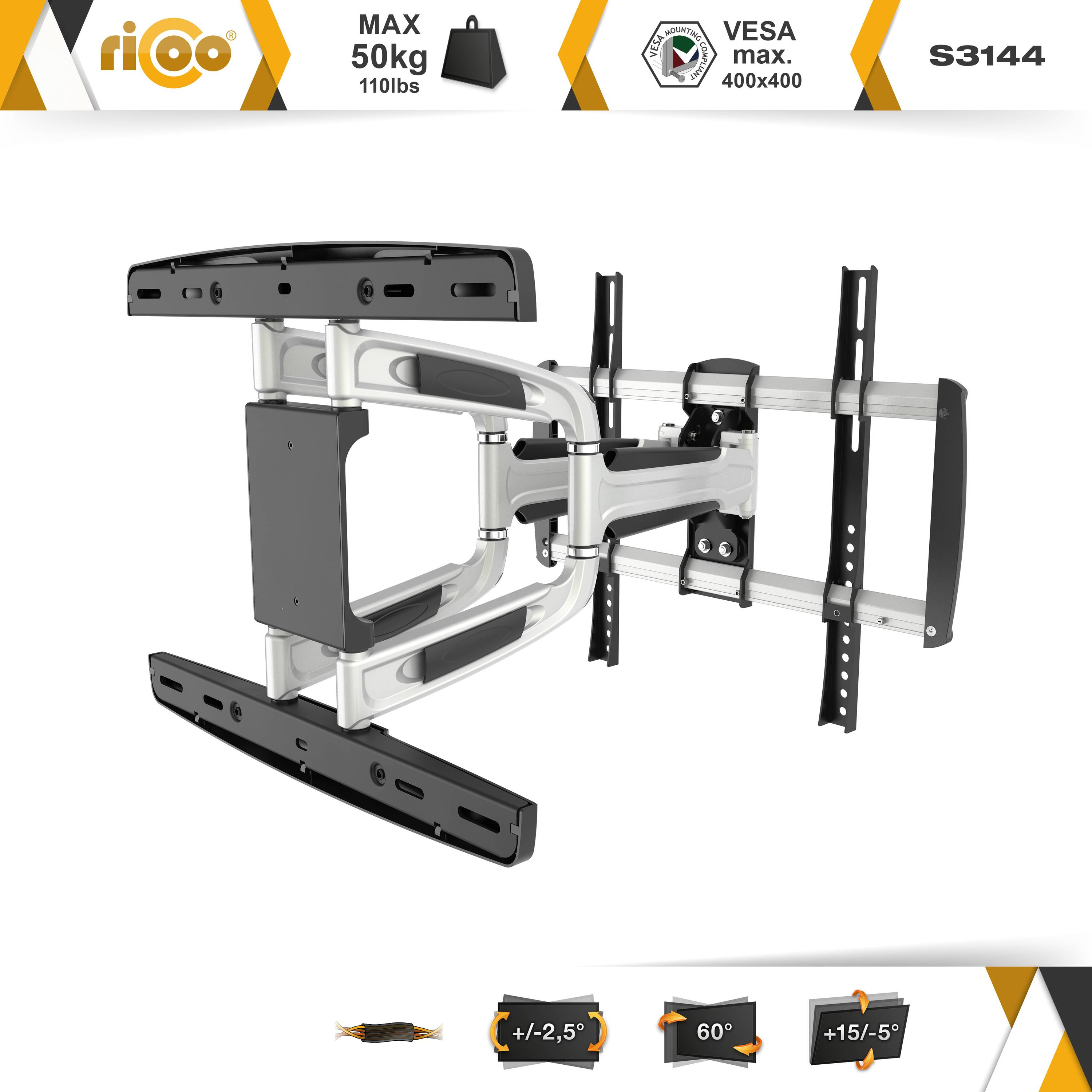 RICOO S3144 schwenkbar neigbar VESA universal bis Wandhalterung, x curved TV ausziehbar 400 Halterung Fernseher Grau auch 400