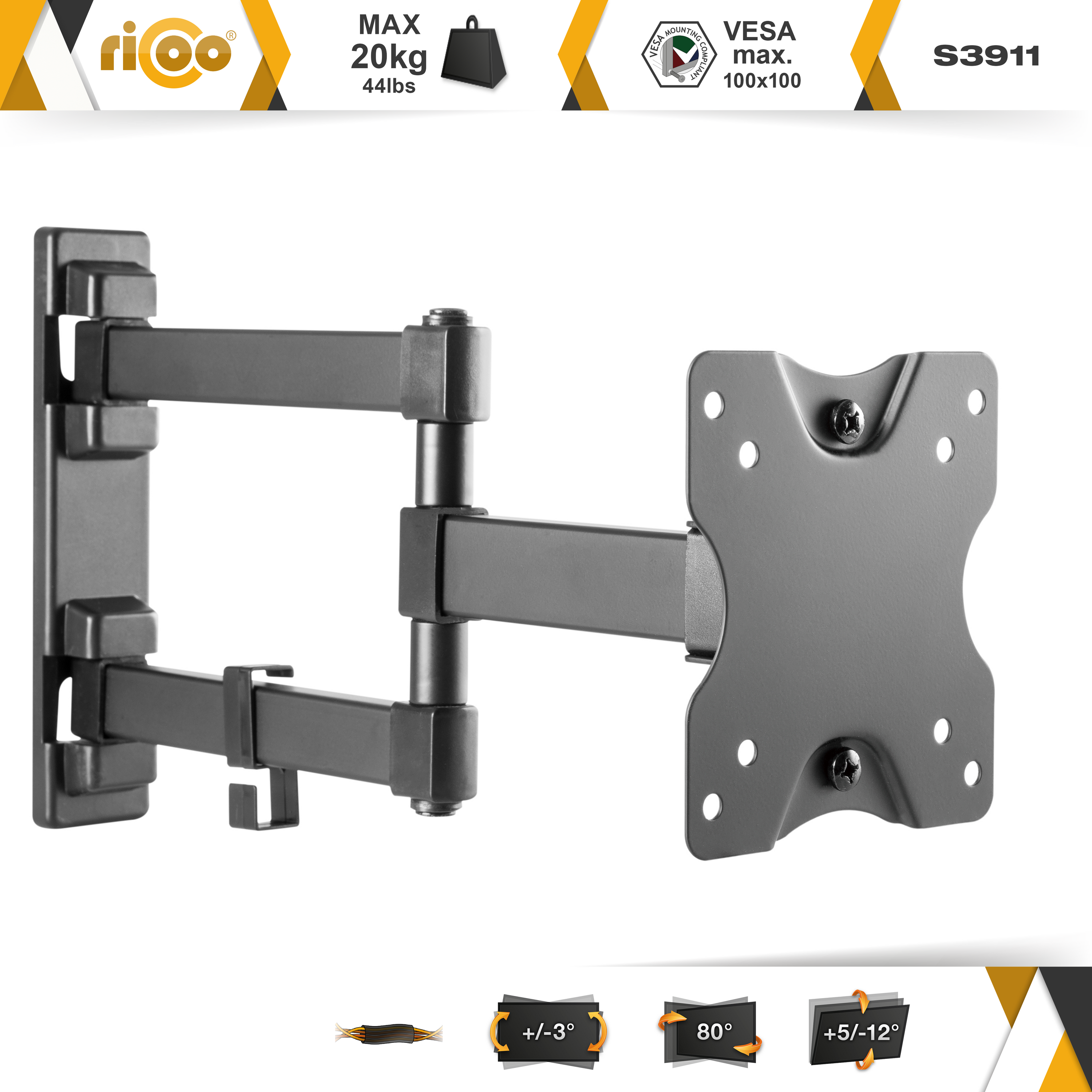 RICOO S3911 schwenkbar 100 VESA Halterung TV Schwarz x Wandhalterung, bis Monitor ausziehbar neigbar universal curved Wand 100