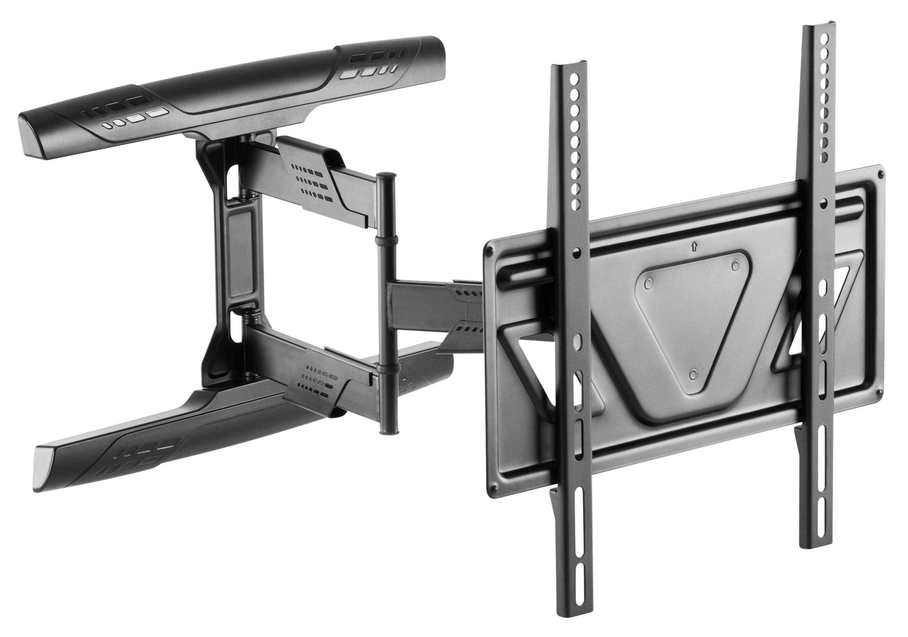 Schwarze TV-Wandhalterung. Sie hat mehrere Arme und eine Halterung zur Befestigung des Fernsehers.
