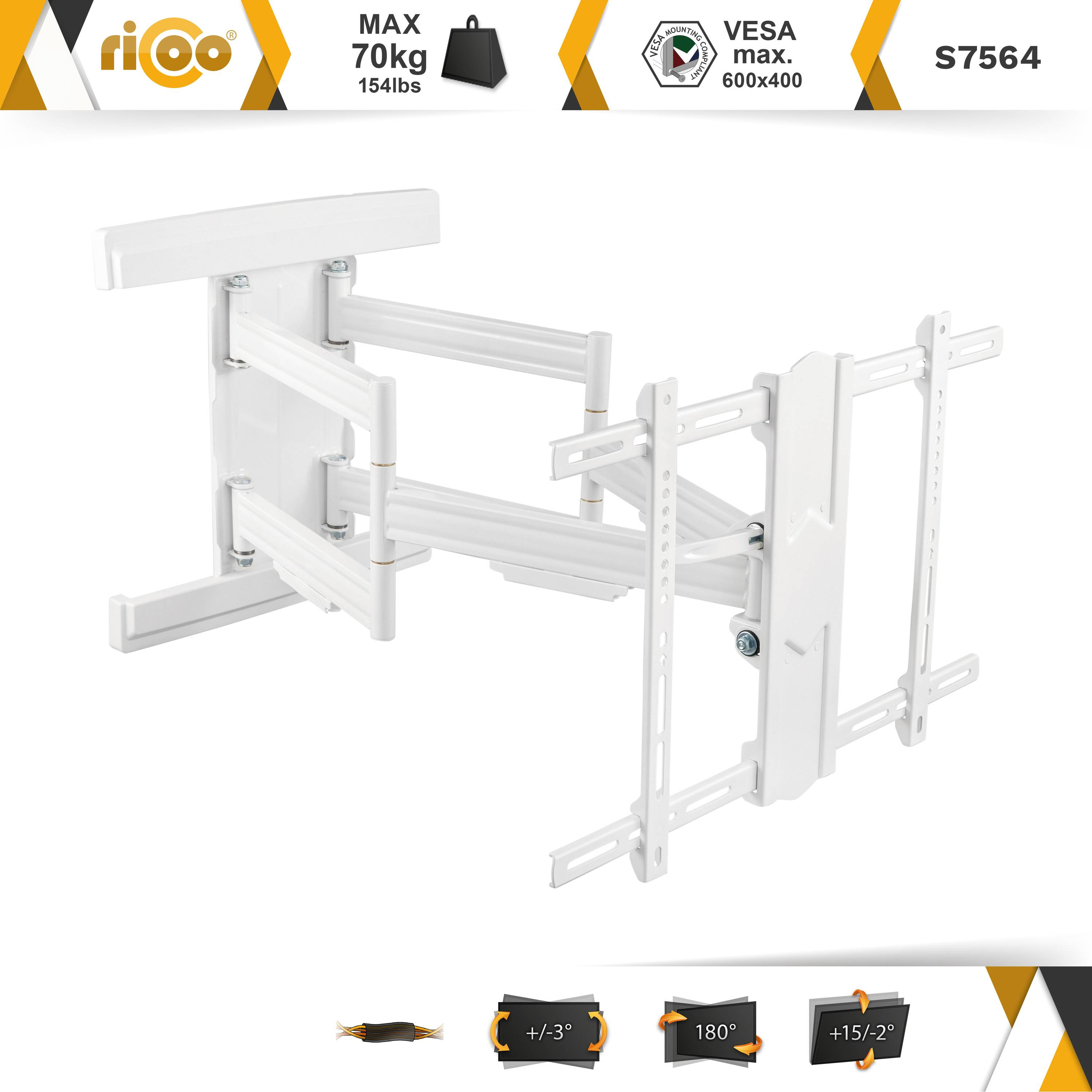 RICOO S7564-W schwenkbar neigbar ausziehbar VESA Wandhalterung, Fernseher 400 Weiß TV Halterung curved bis auch 600 x universal
