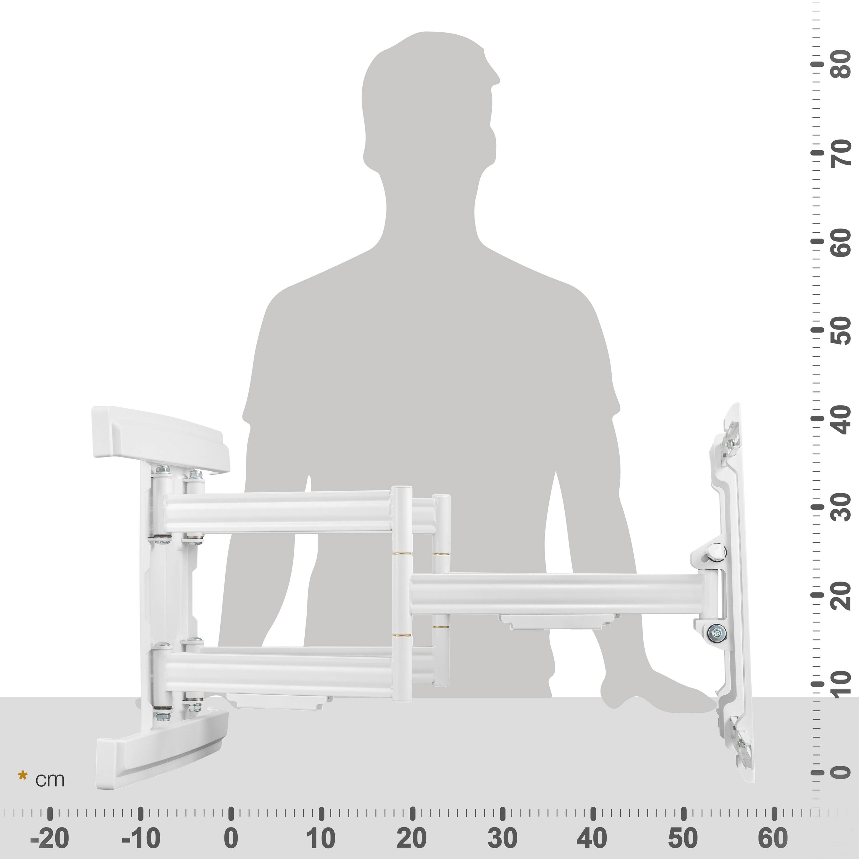 Weiße TV-Wandhalterung, mit cm-Maßstab und einer Personensilhouette.