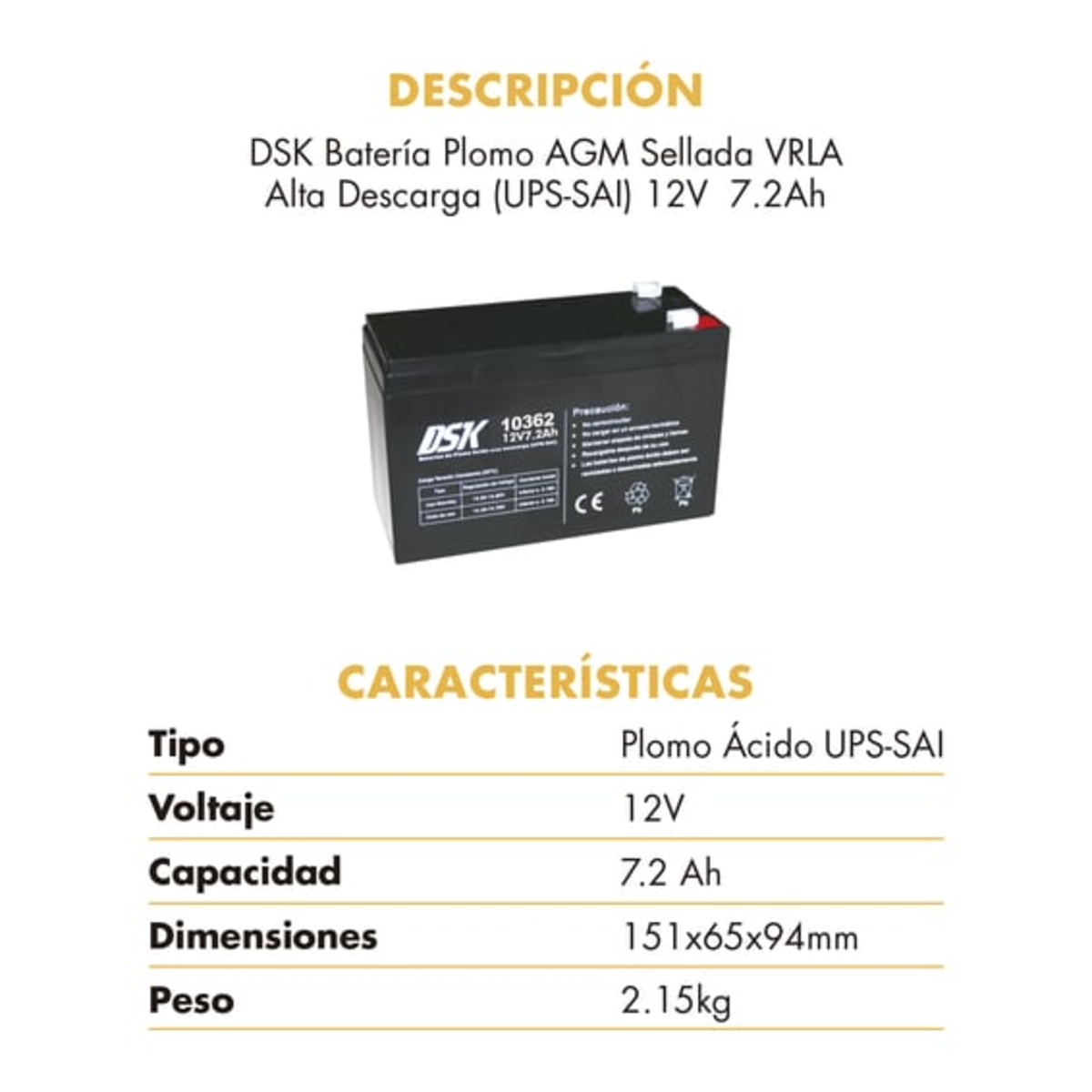 Una batería negra con especificaciones que incluyen voltaje, capacidad y dimensiones, descrito en español.