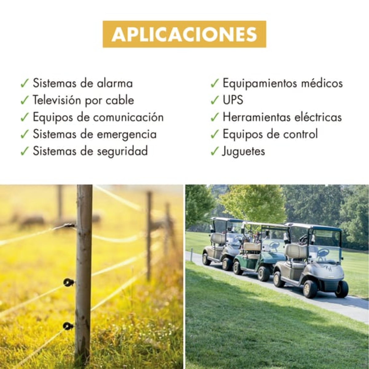 Imagen: Texto e imágenes sobre vallas eléctricas y carritos de golf en un día soleado.