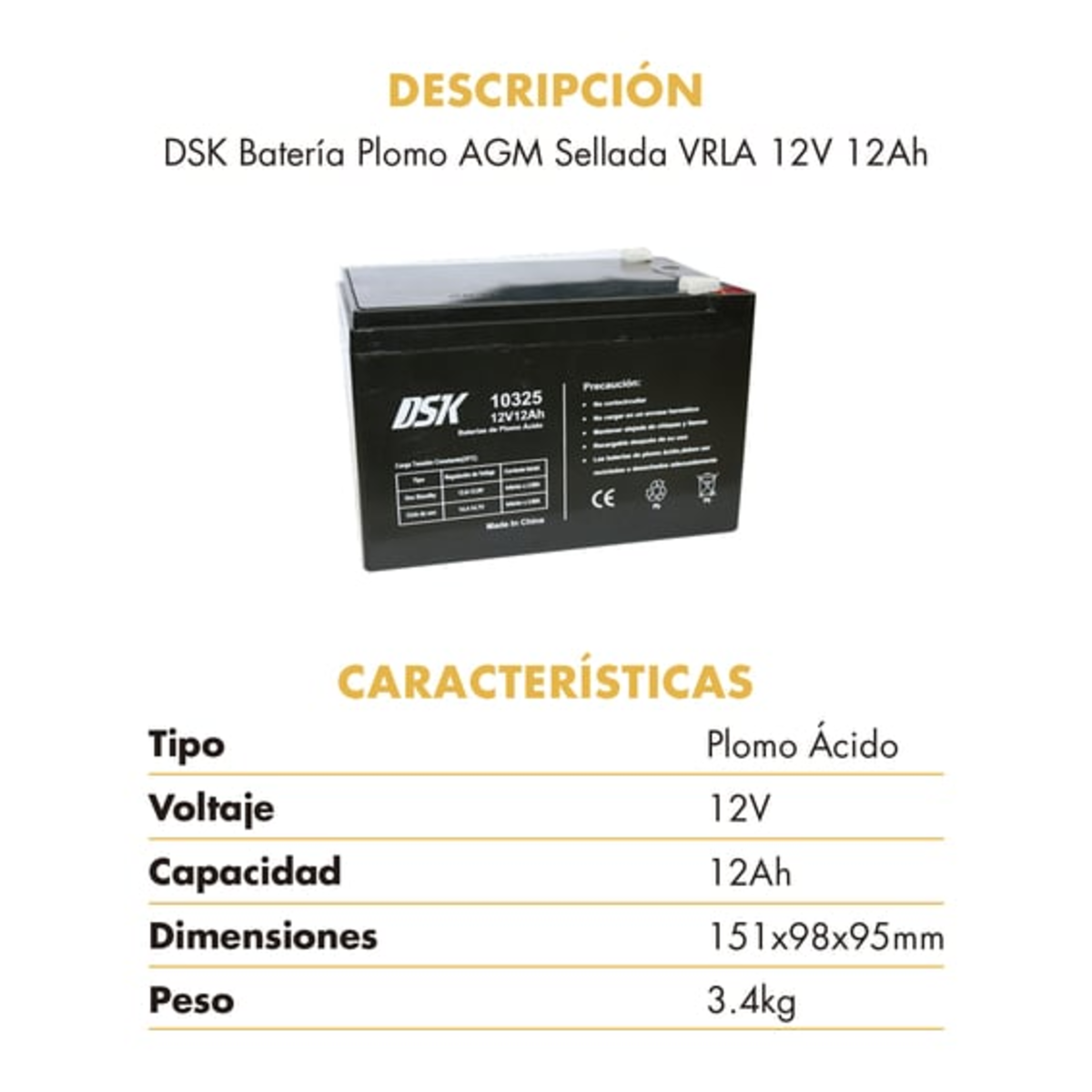 Batería negra con texto. Texto: 'DSK Batería Plomo AGM Sellada VRLA 12V 12Ah'.