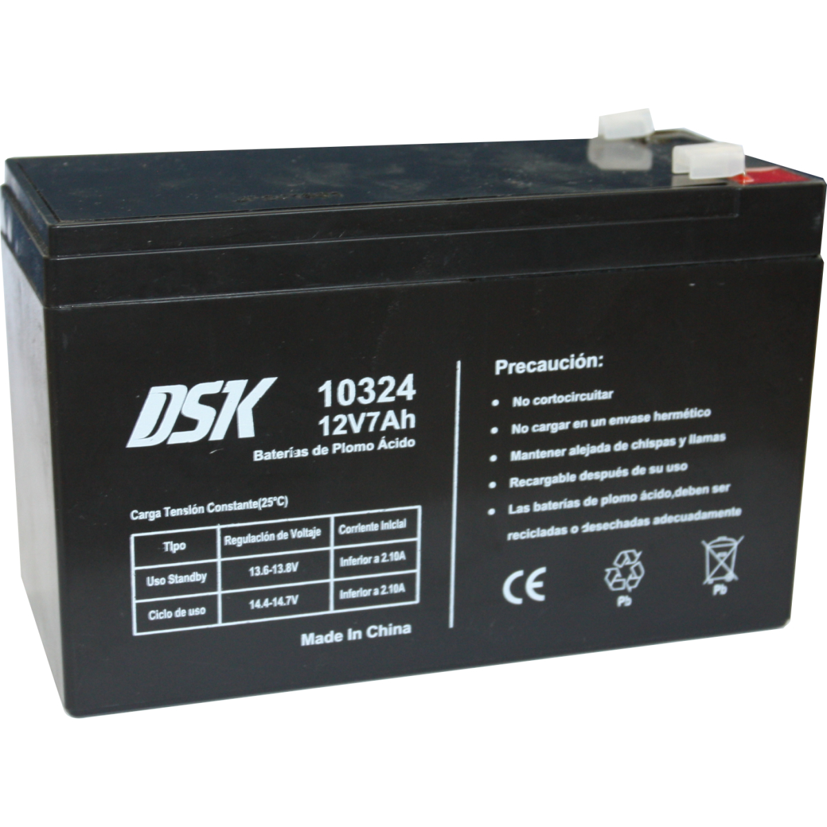Batteria rettangolare nera con testo bianco, l'etichetta dice '12V7Ah'. Sfondo bianco.