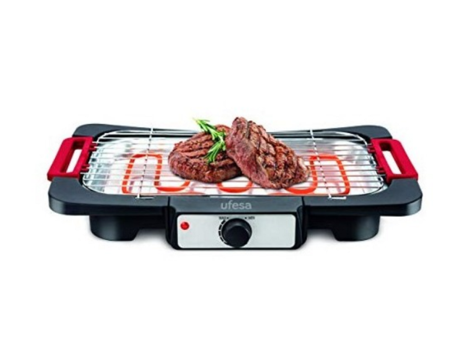 Parrilla eléctrica con dos filetes cocinados. Asas rojas, perilla y resistencias visibles.