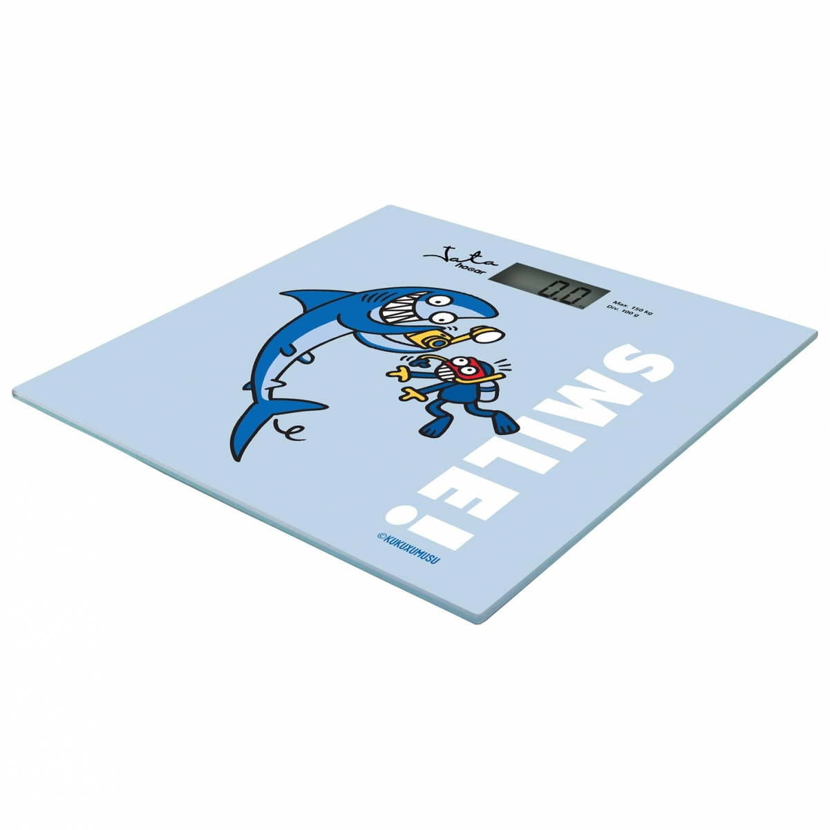 Kreskówkowa waga z rekinem jedzącym nurka, z napisem 'SMILE!'