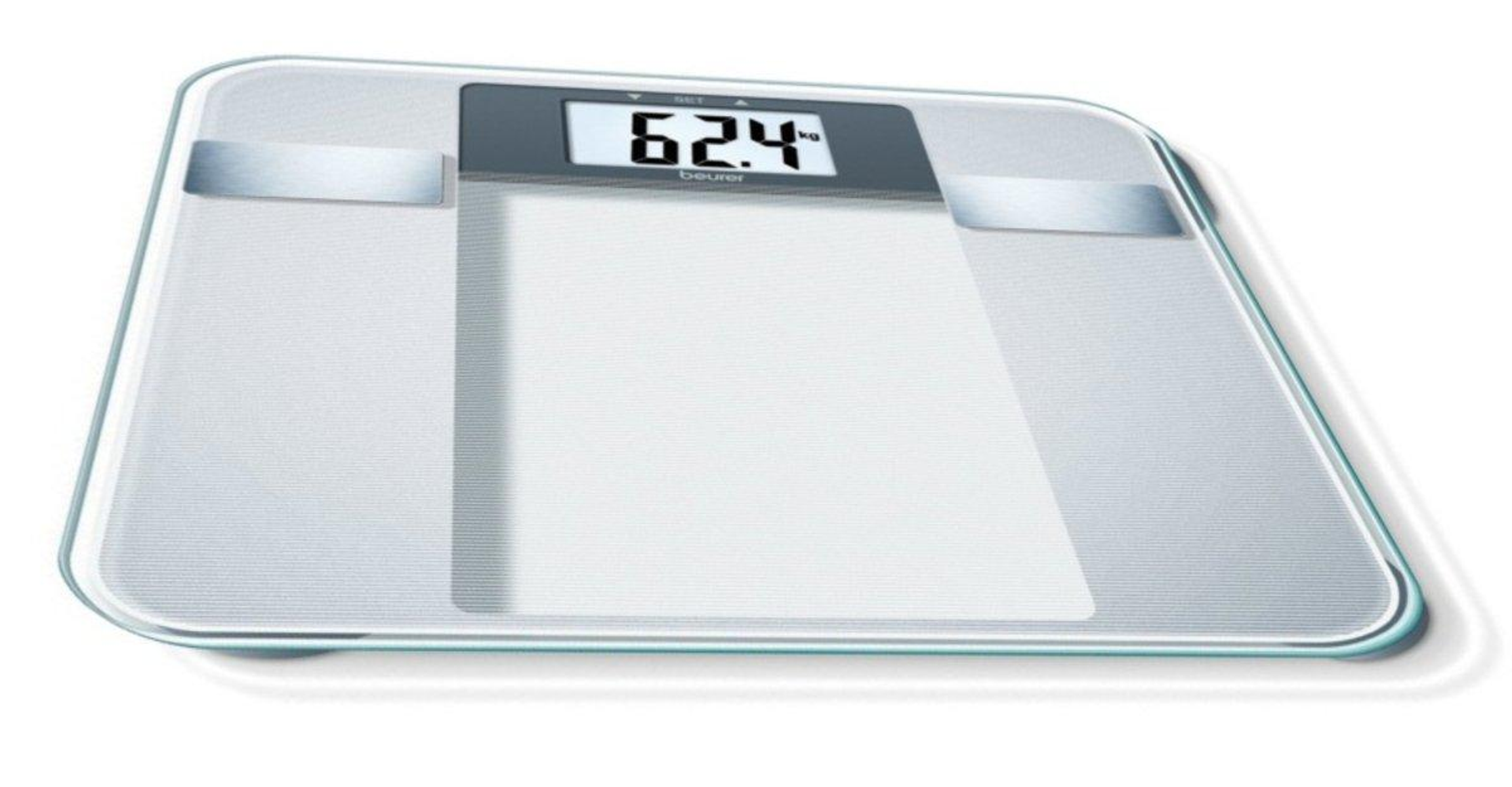 Digitale Badezimmerwaage mit 62,4, weißes und silbernes Design.