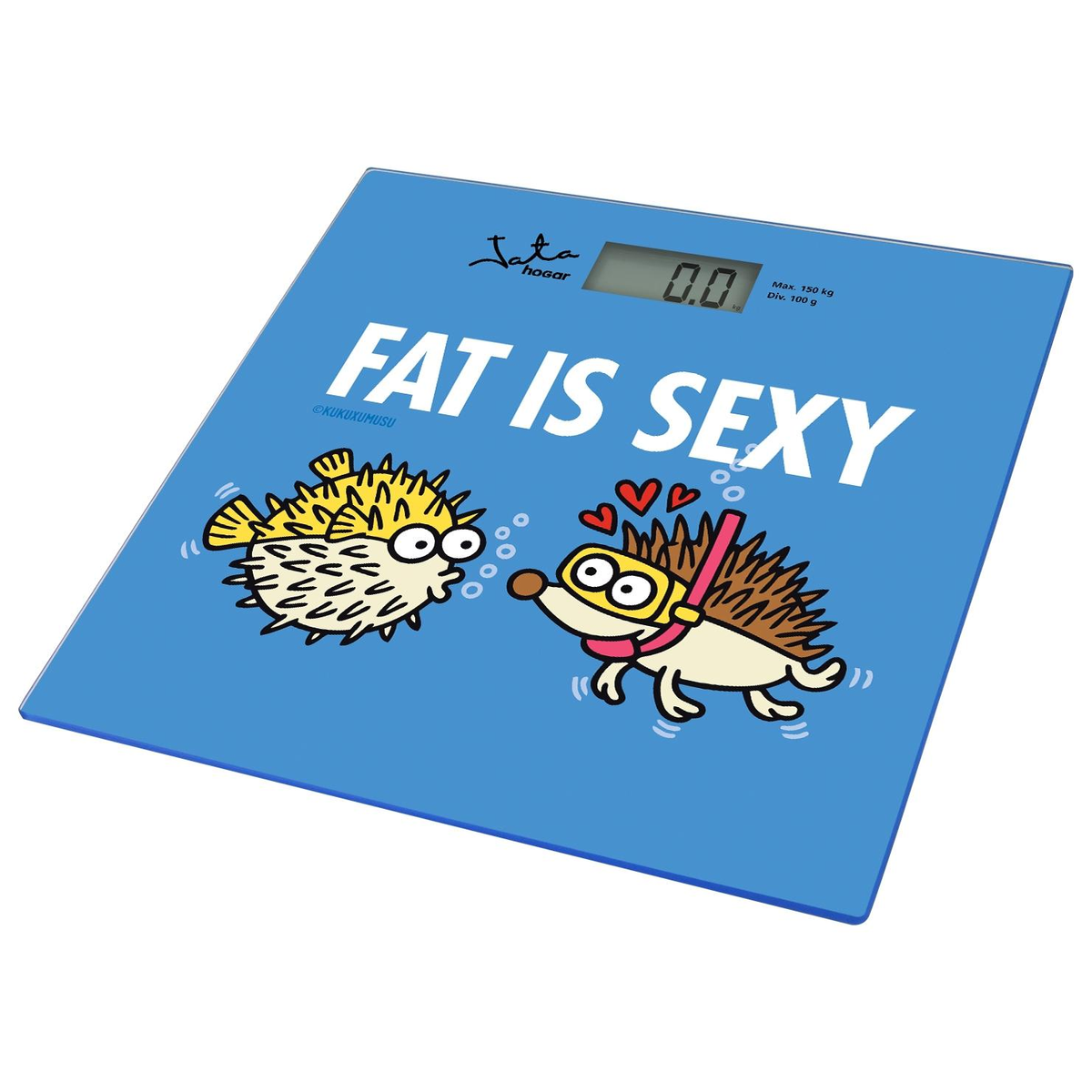 Niebieska waga łazienkowa z kreskówkową rozdymką i jeżem, tekst 'FAT IS SEXY'.