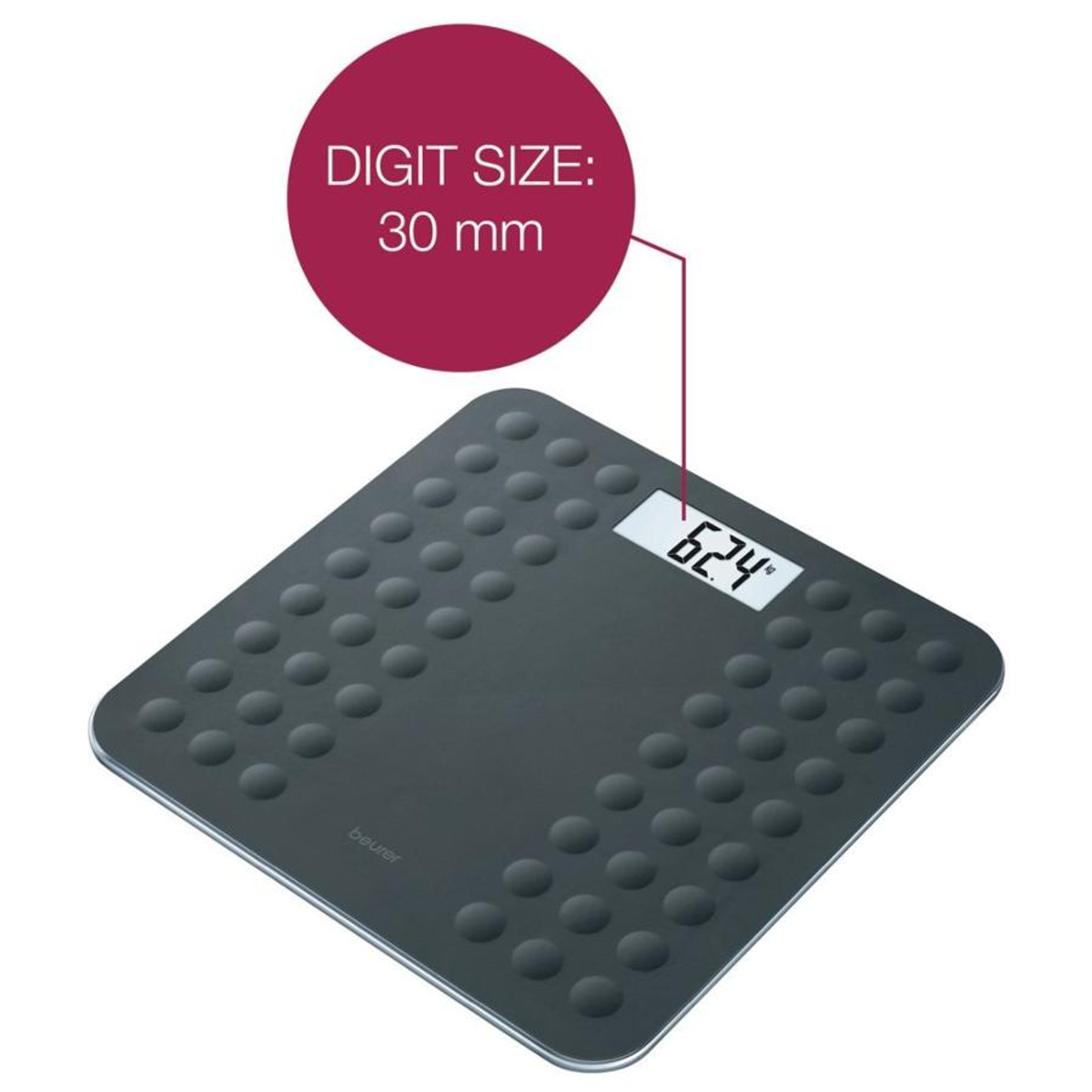 Schwarze Digitalwaage mit weißer Anzeige '62.4'. Ein roter Kreis zeigt die Zifferngröße.