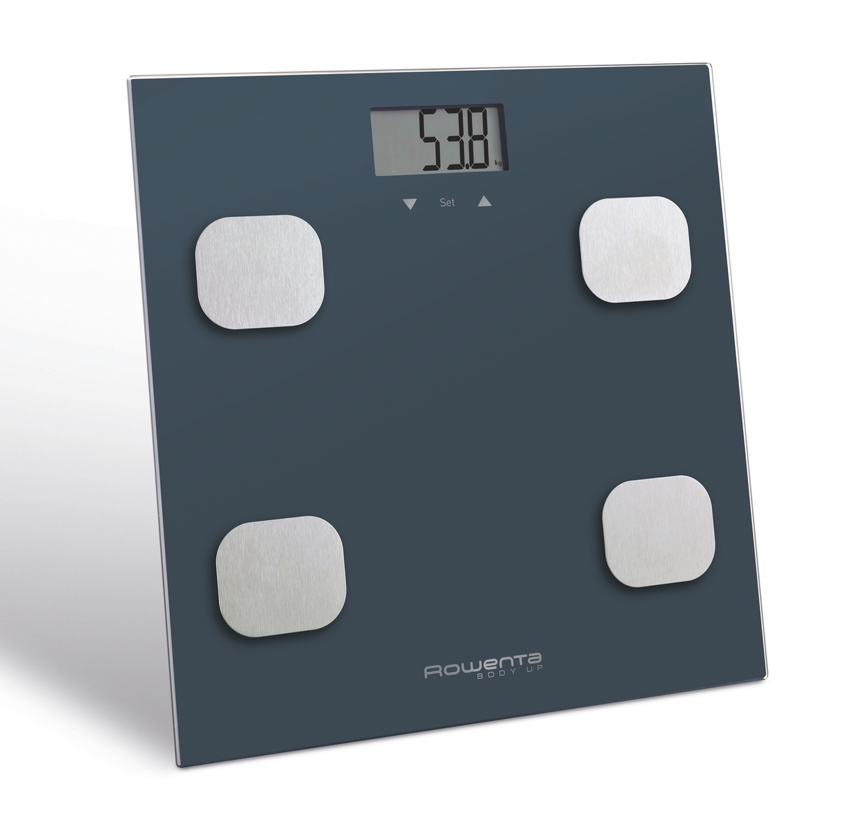 Bilancia intelligente nera e grigia, che mostra 53,8 kg. Quattro cuscinetti argentati. Sfondo bianco.