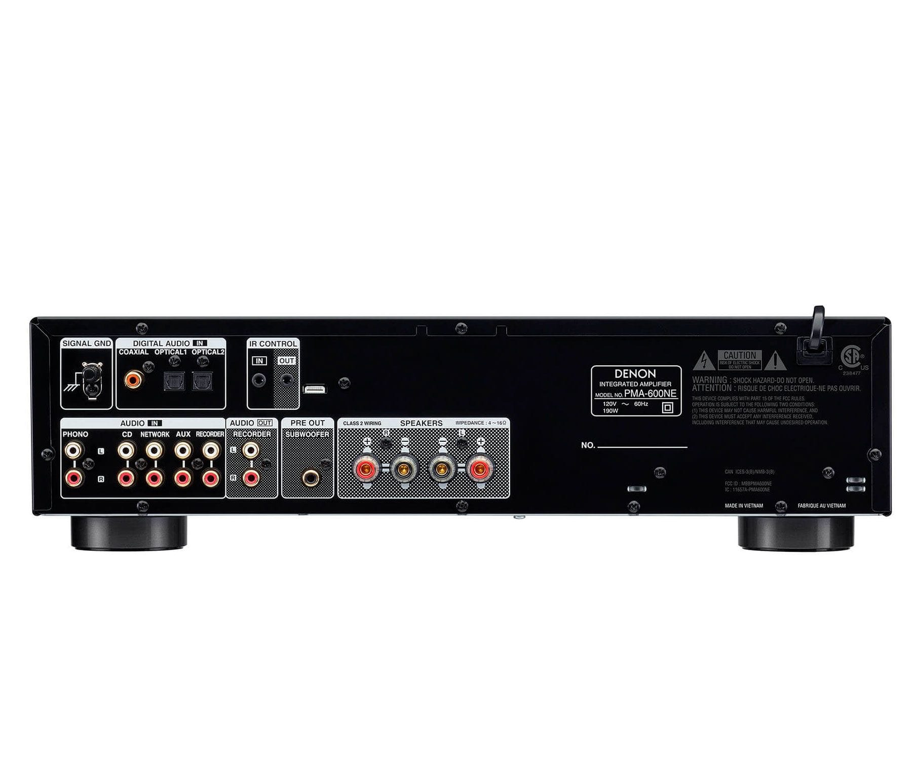 Receptor de audio negro con muchos puertos de entrada/salida. Etiqueta Denon visible. Fondo blanco.
