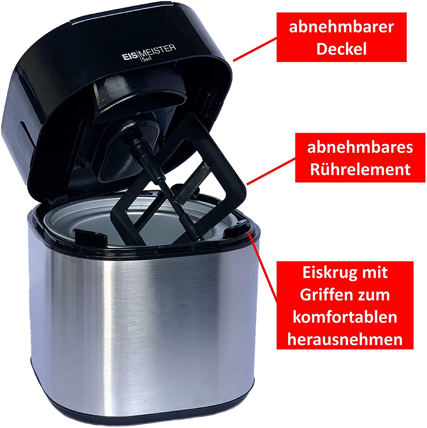Eine Eismaschine, geöffnet, mit abnehmbarem Deckel, Rührelement und Eisbehälter.