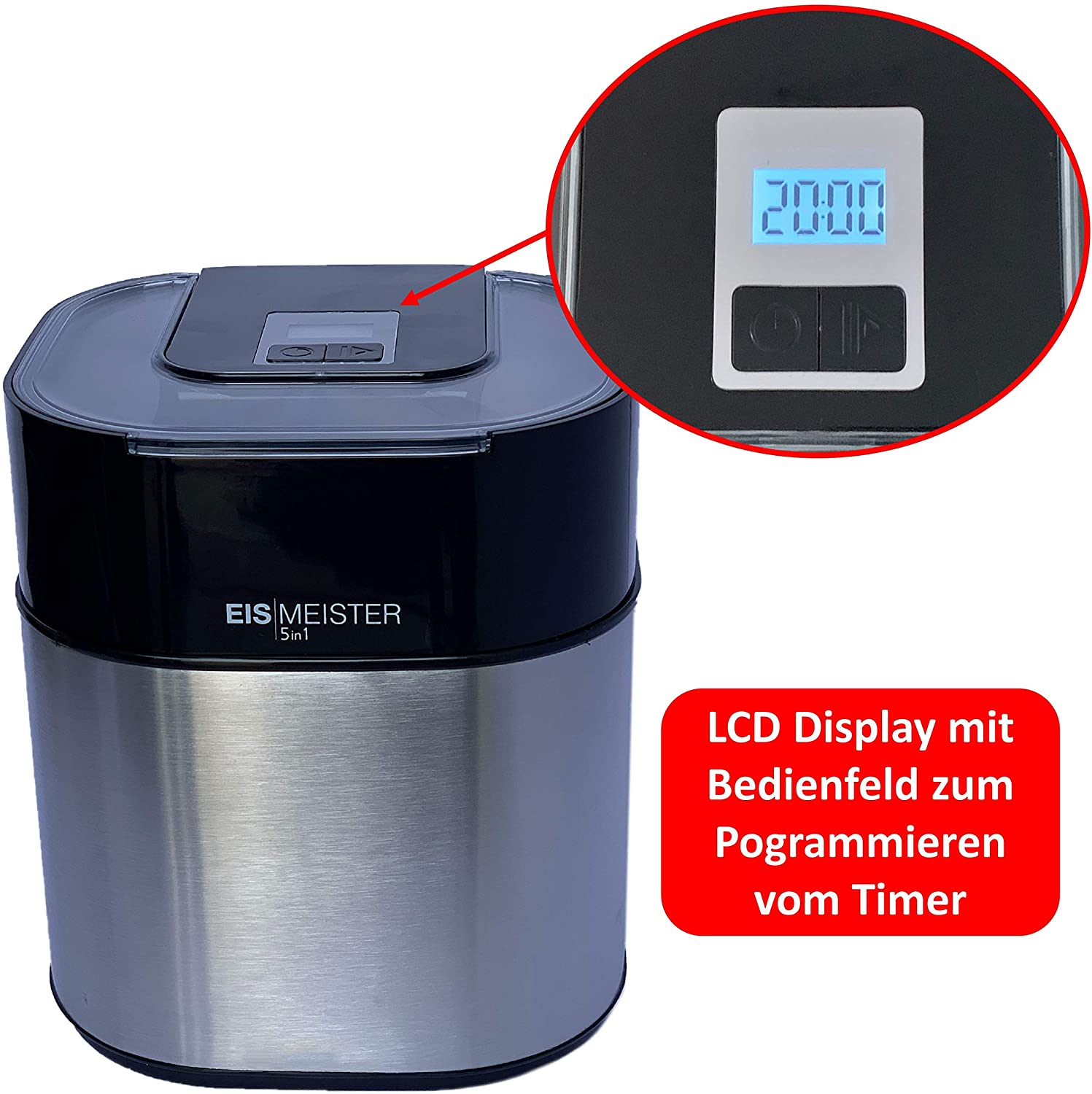 Eismaschine, schwarz und silber, mit Digitalanzeige, die einen Timer anzeigt. Roter Text.