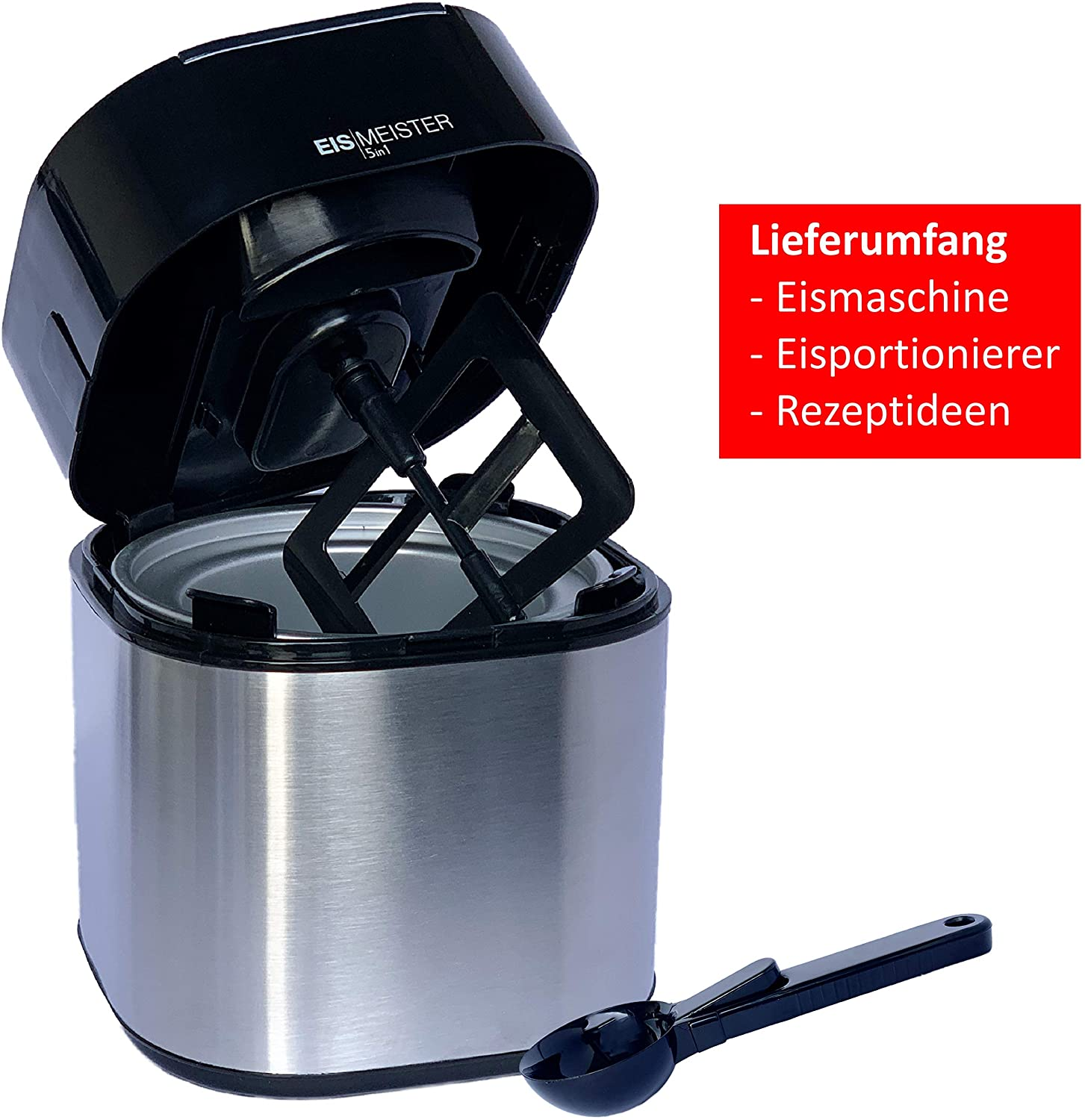 Eine Eismaschine mit Zubehör und einer Liste der enthaltenen Artikel.