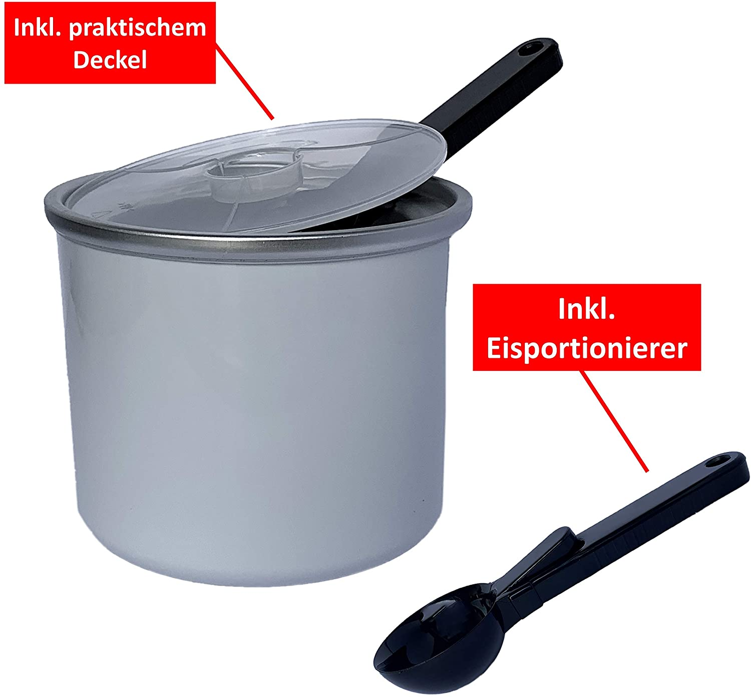 Weißer Topf mit Deckel und Eisportionierer. Text beschriftet Deckel und Messlöffel.