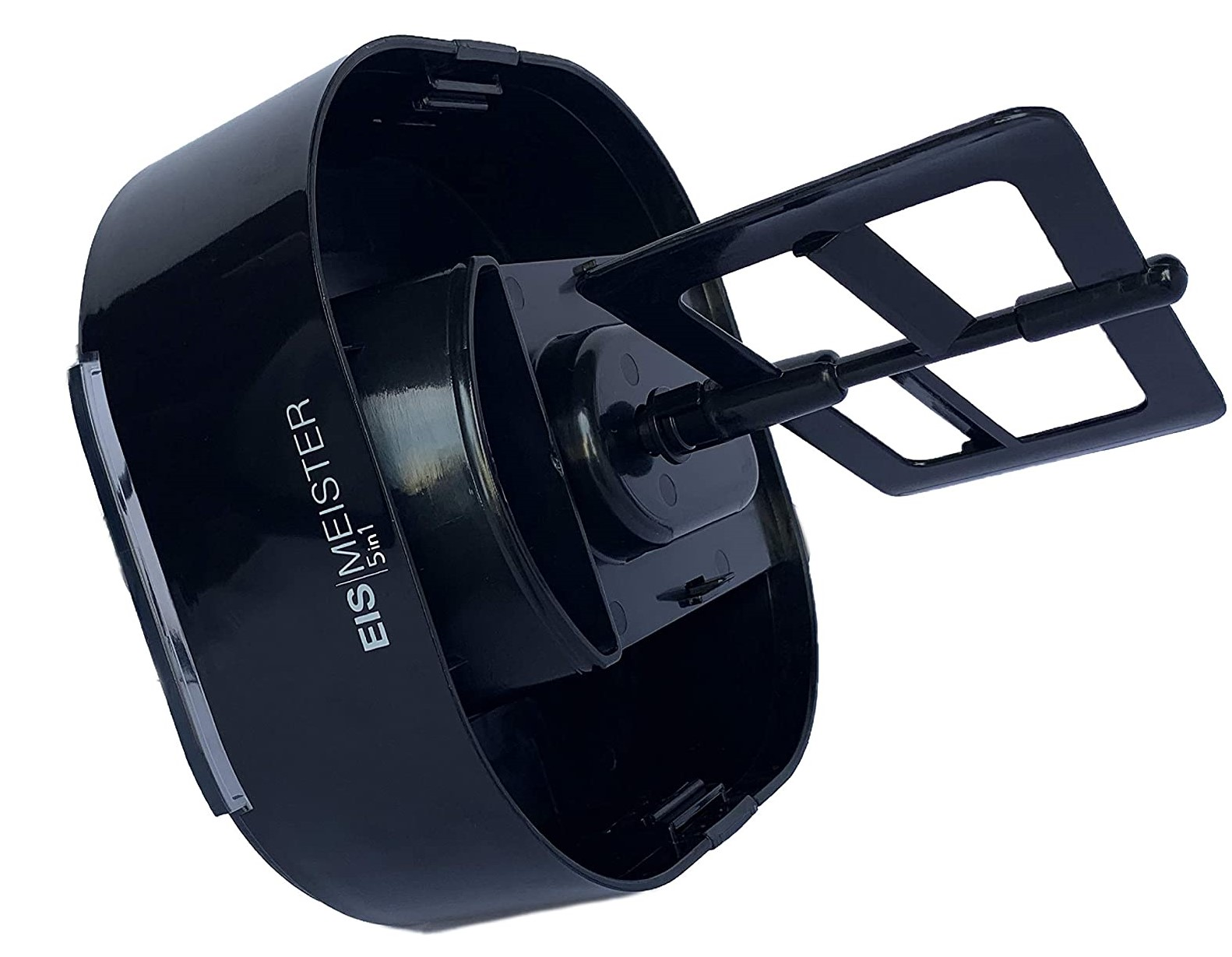Schwarze Eismaschine mit einem Messer im Inneren. Weißer Hintergrund, Draufsicht.