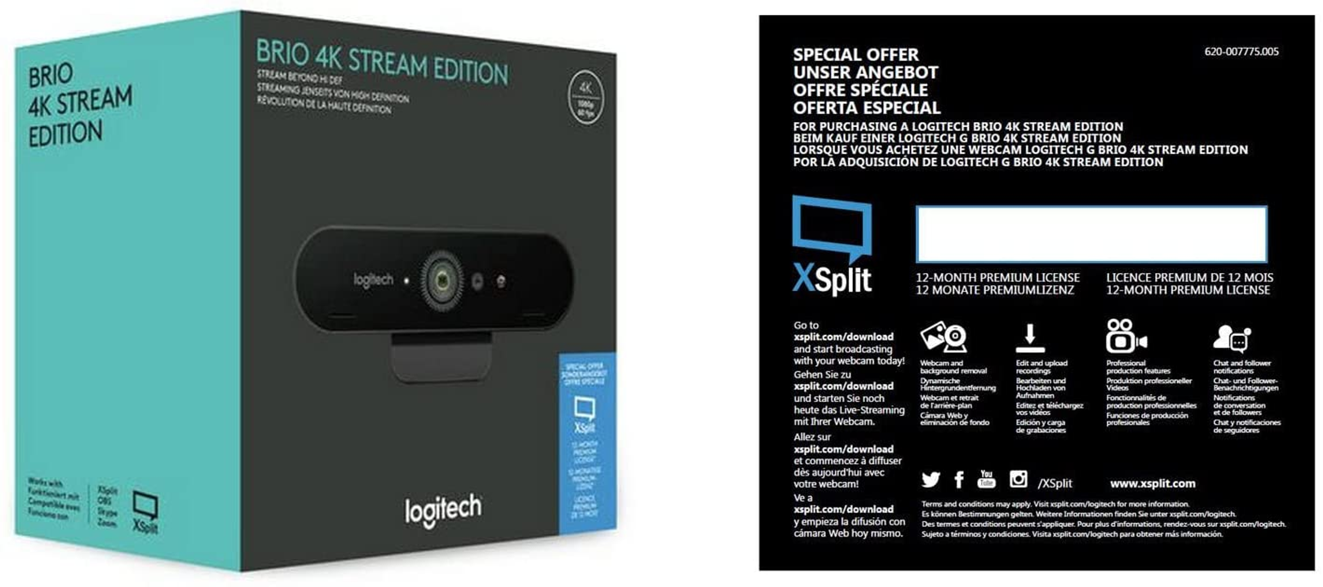 Pudełko kamery internetowej Logitech Brio 4K, czarne i turkusowe. Zawiera ofertę specjalną licencji XSplit.
